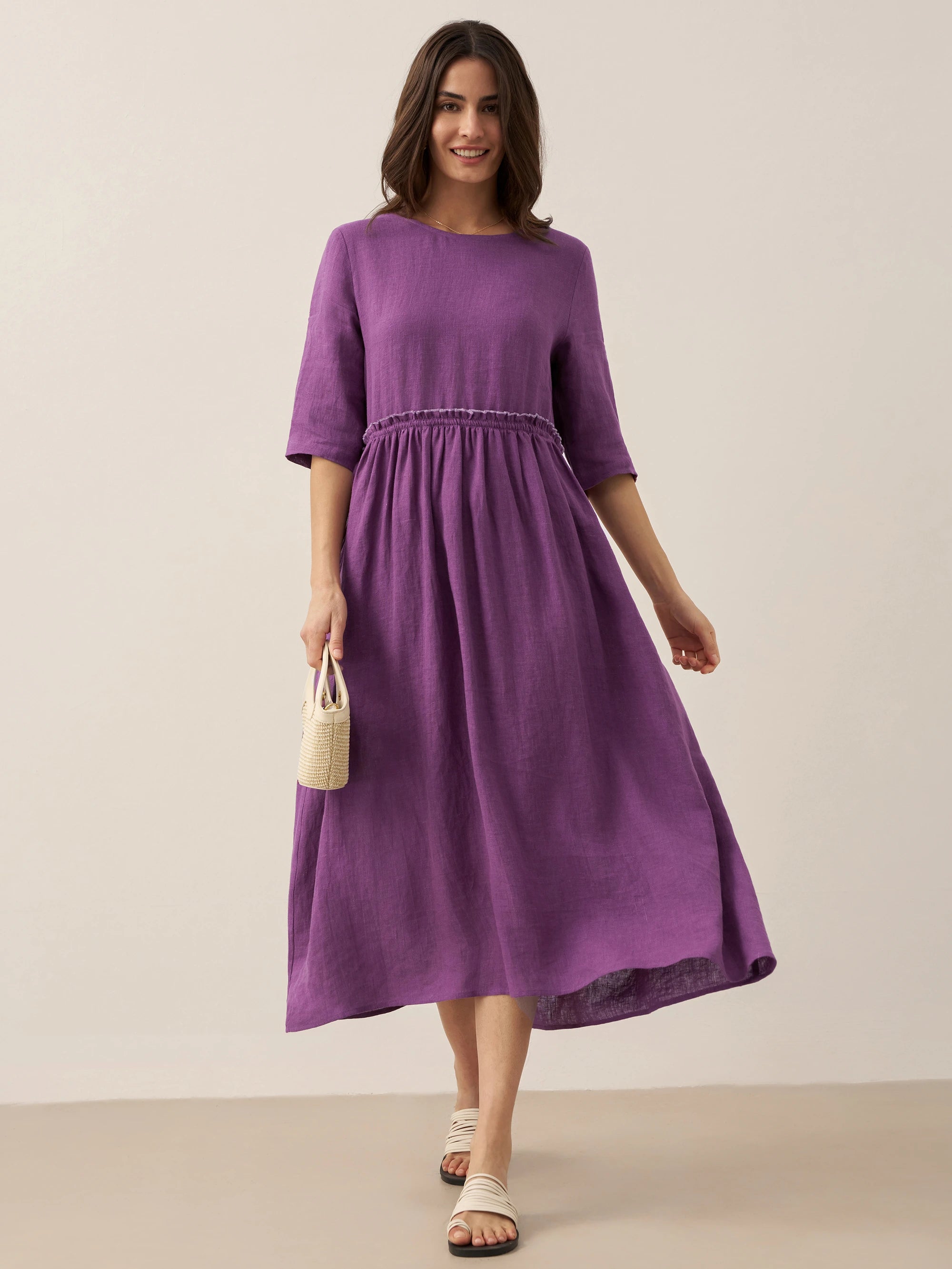 100% Linen Petal-Waist Drawstring Midi Dress JASMINE