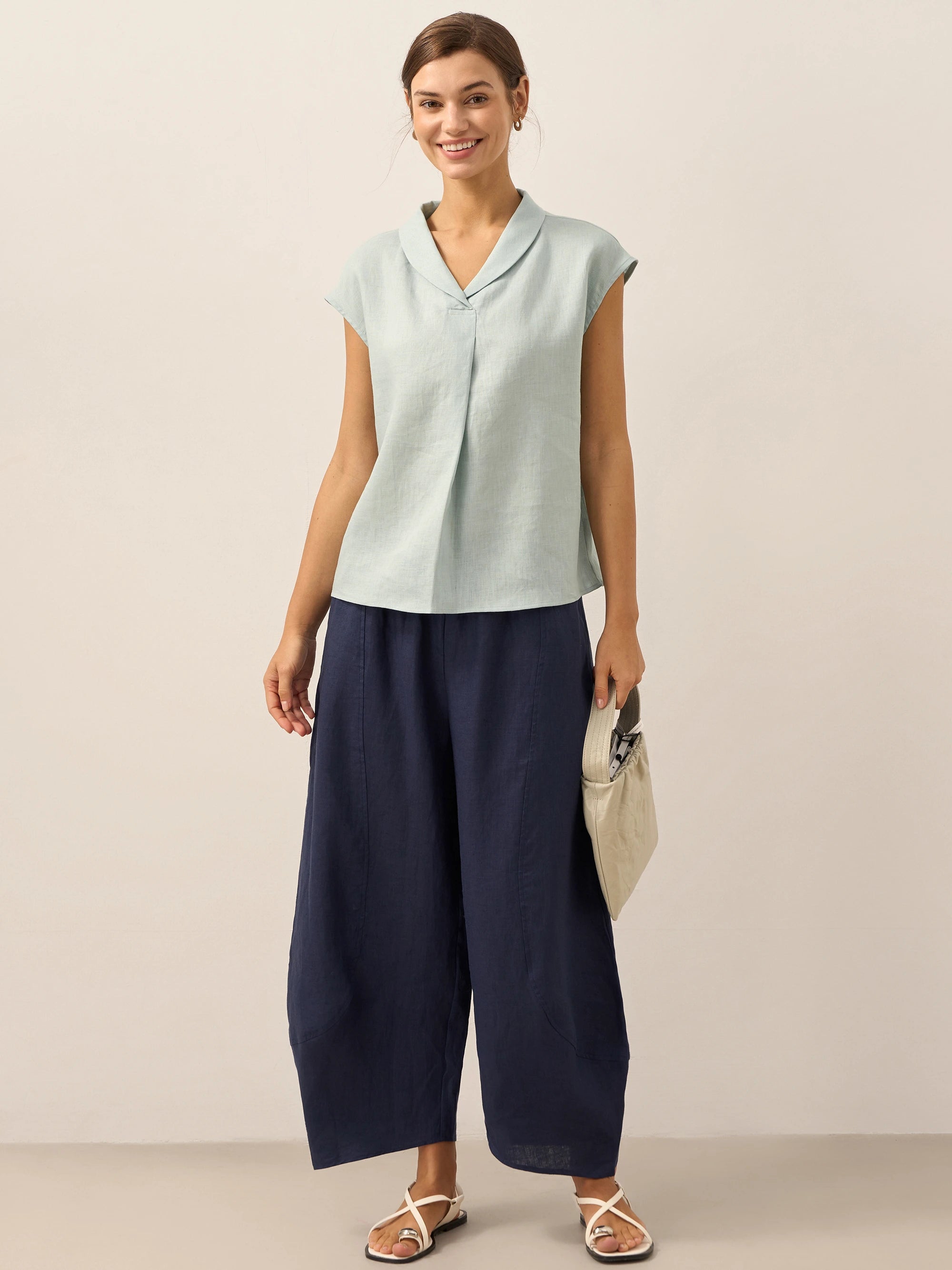 100% Linen Shawl V-Neck Cap Sleeves Top ELARA