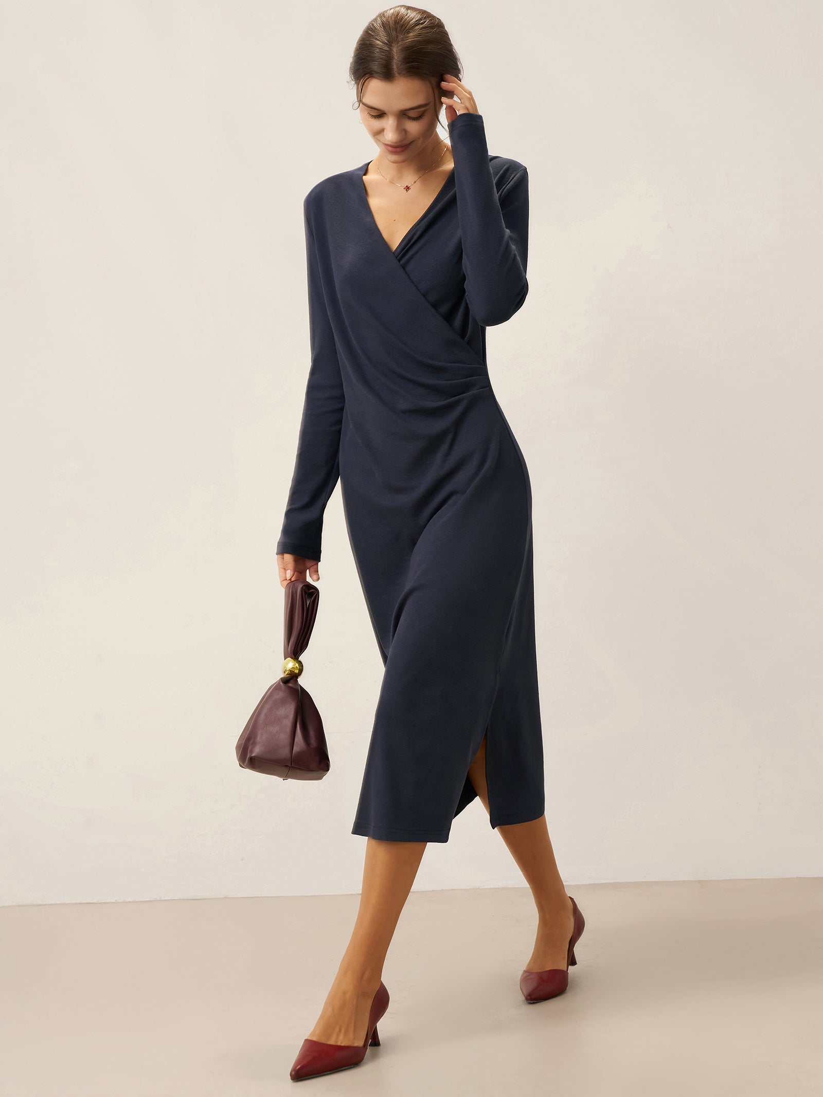 Linen Crossover V-Neck Wrap Stretch Midi Dress MARNIE