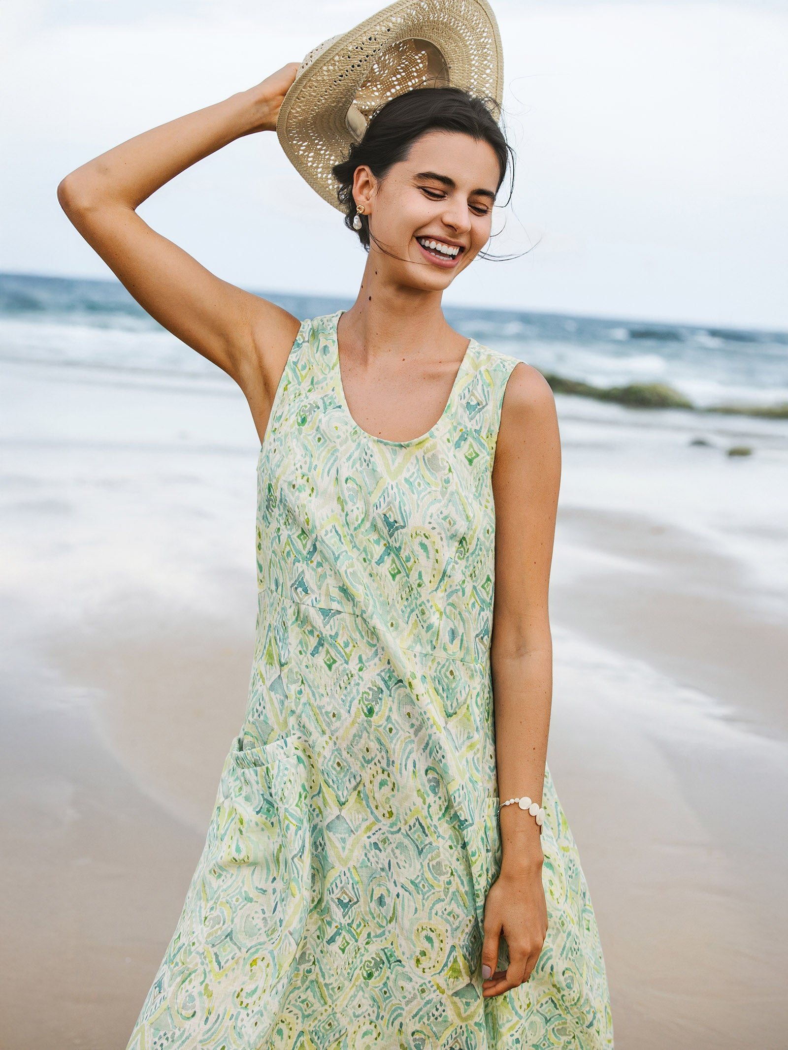 100% Linen Floral Swing Beach Tank Dress LORRAINE