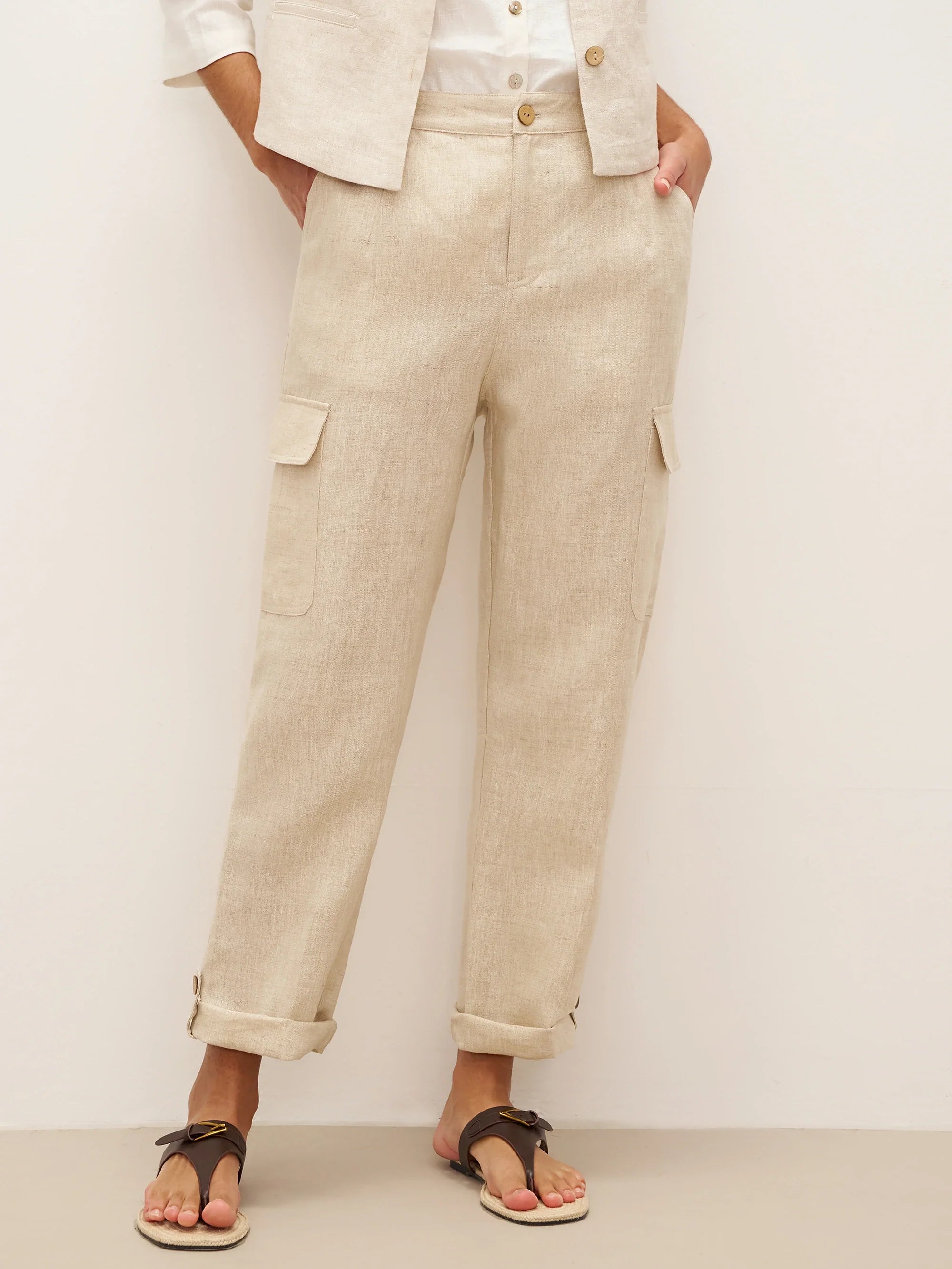 100% Linen Cargo Tapered Trousers with Patch Pockets JESSE