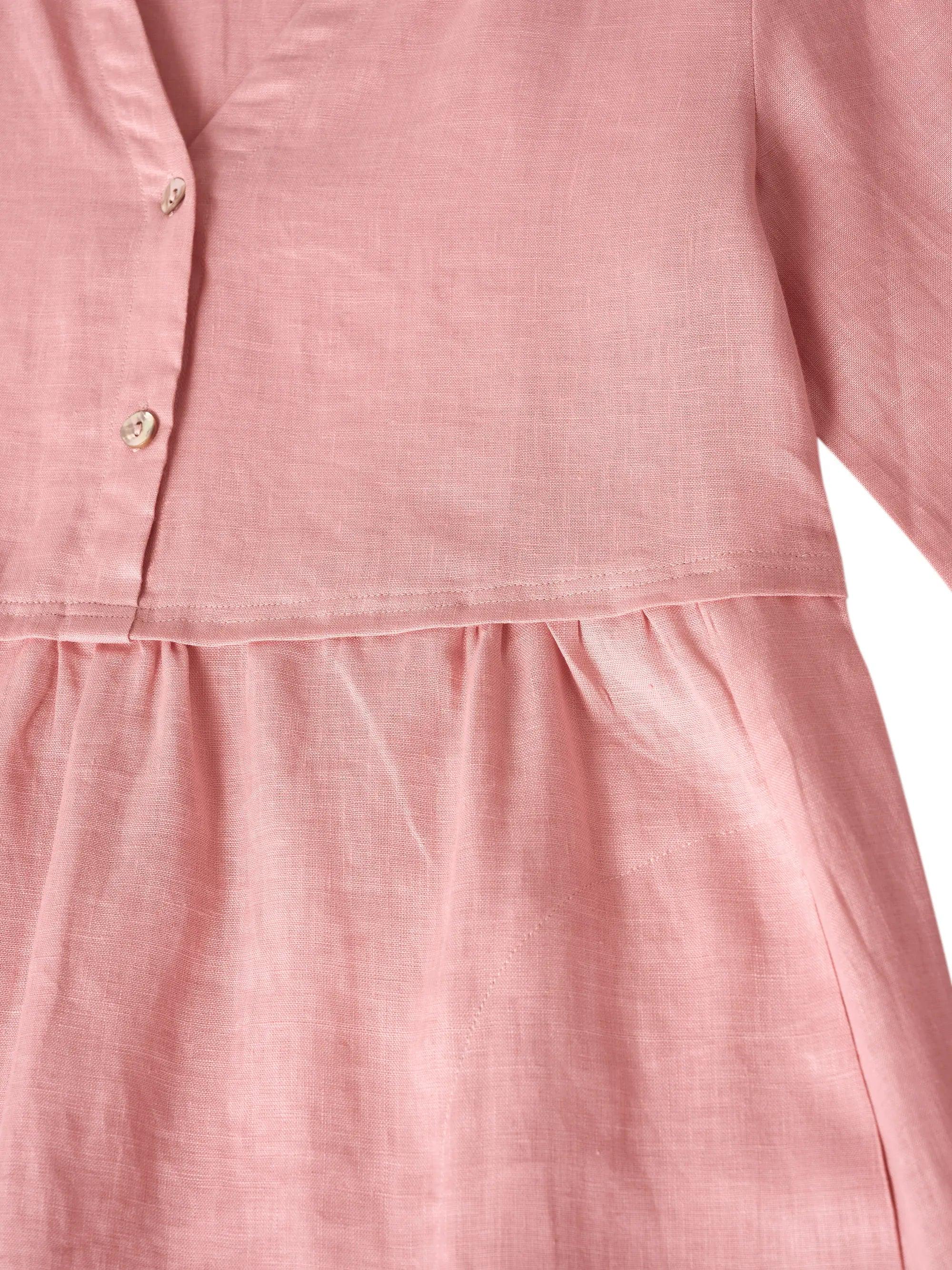 100% Linen Loose Fit Button Waist Gathered Maxi Dress LUNA