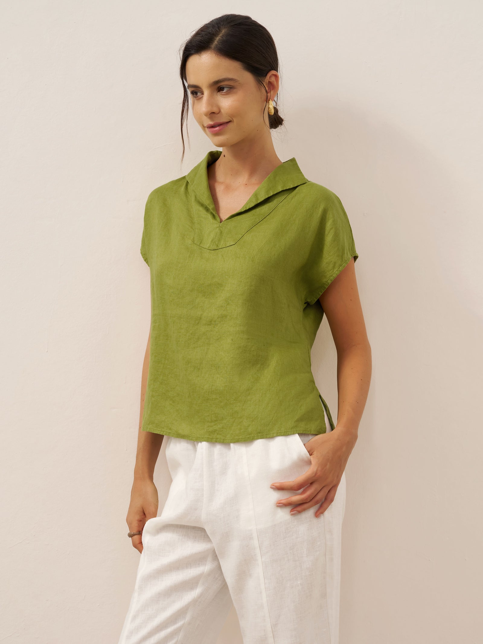 100% Linen Collared Cap Sleeve Top IVY
