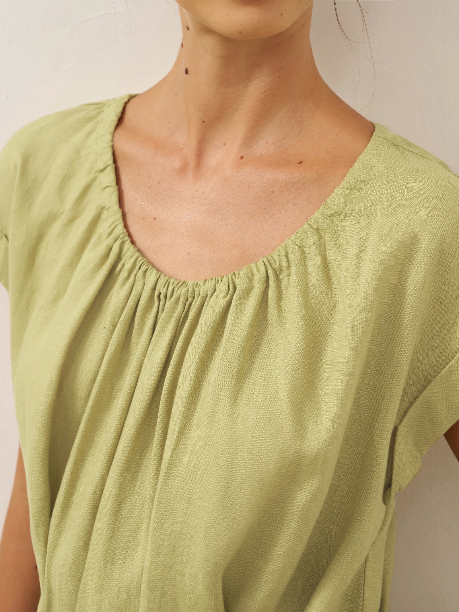 100% Linen Pleated Crew Neck Maxi Dress with Detachable Tie Straps MIRA