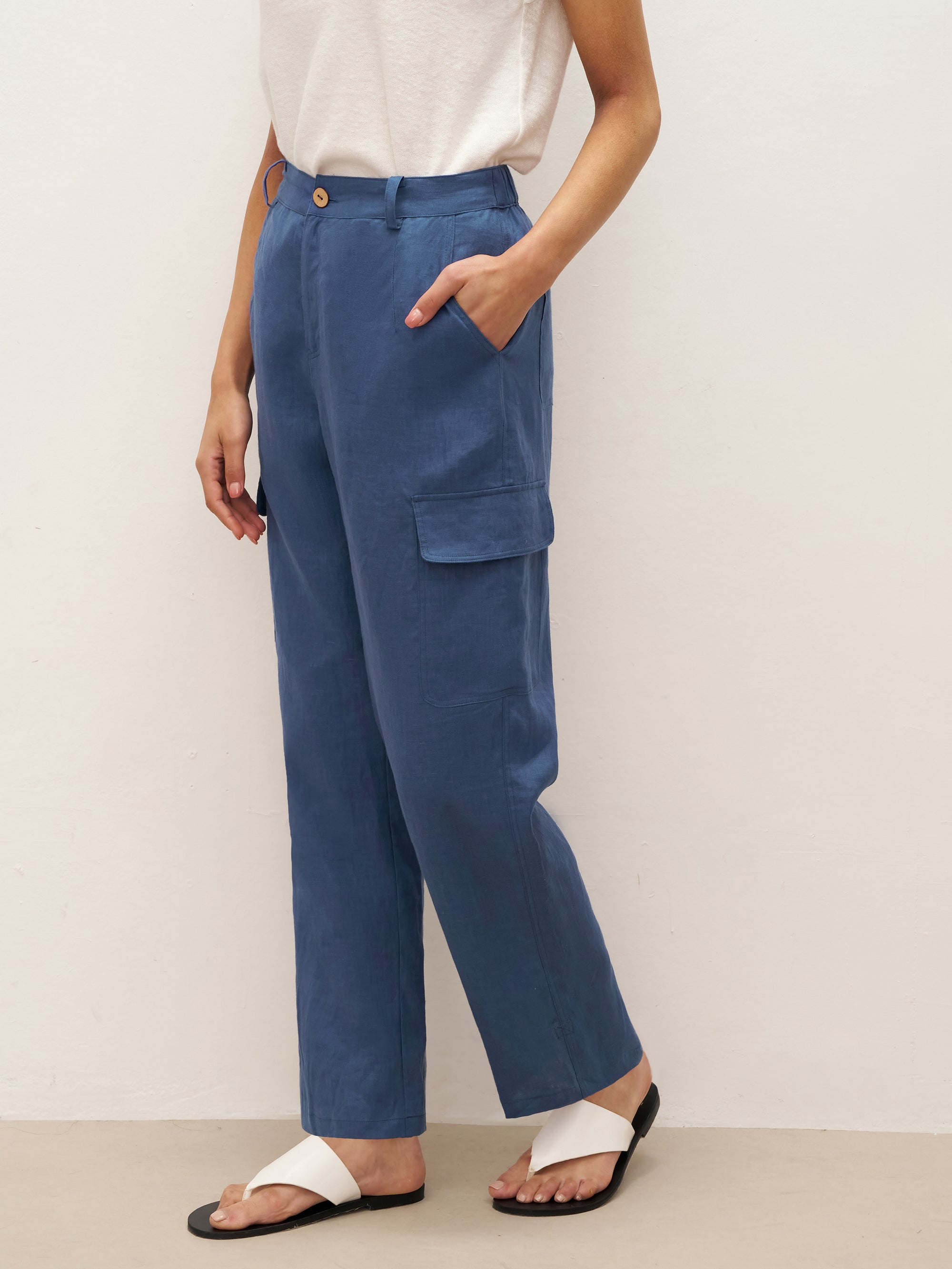 100% Linen Cargo Tapered Trousers with Patch Pockets JESSE
