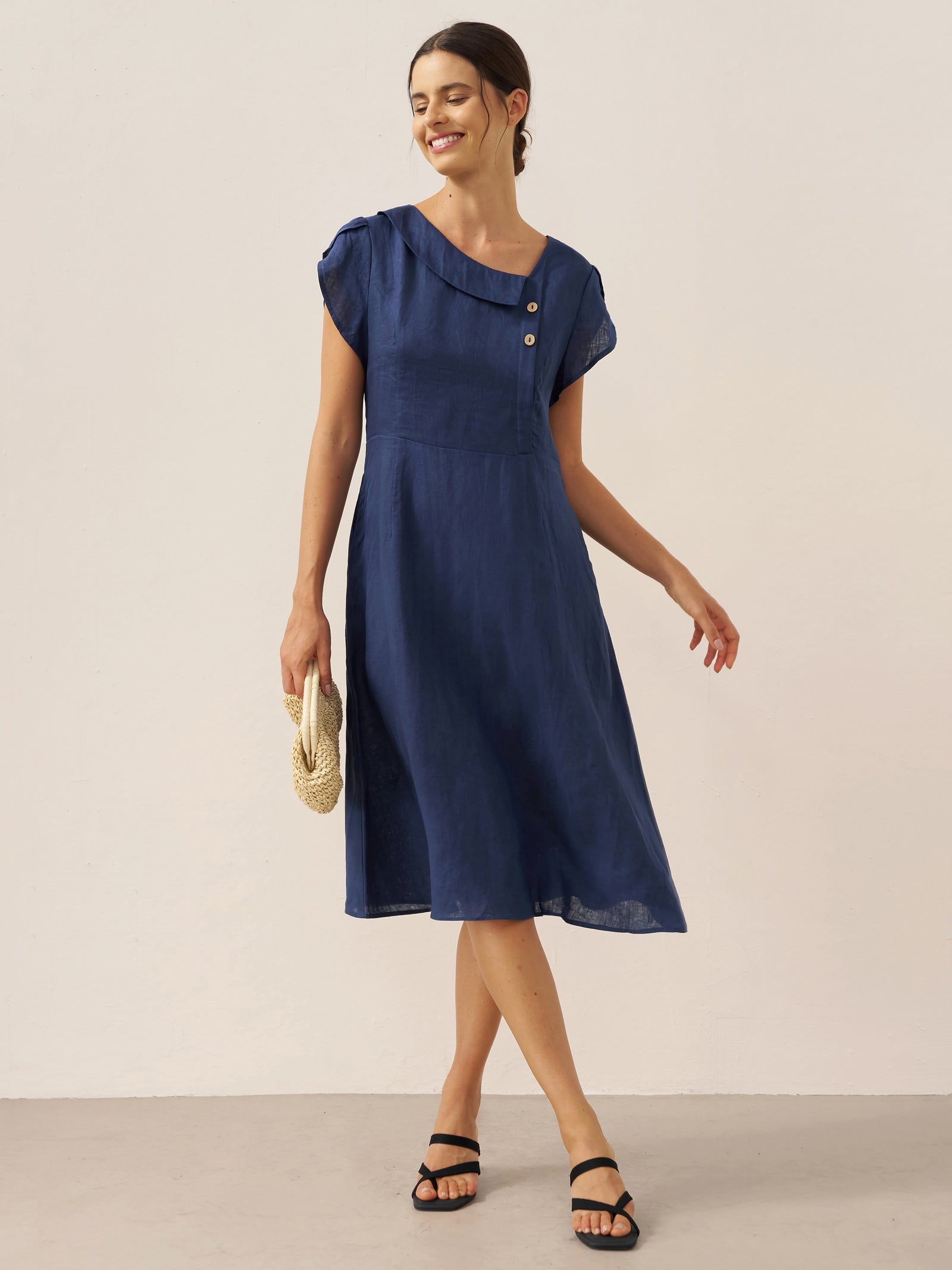 100% Linen Crescent Collar Flutter Sleeve Midi Dress FIONA