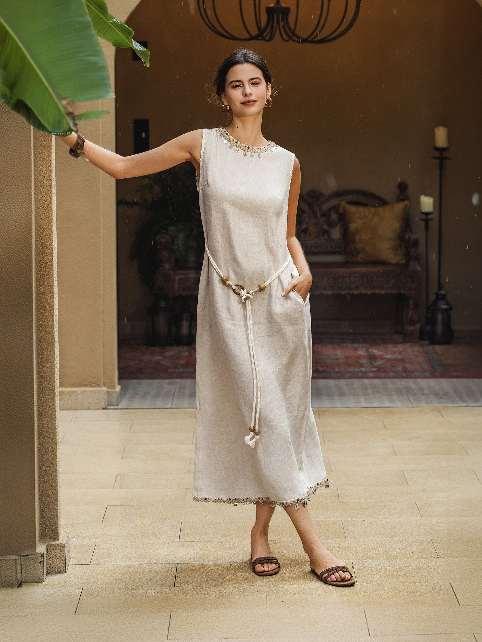 100% Linen Beaded Crew Neck Maxi Dress with Belt BELLA