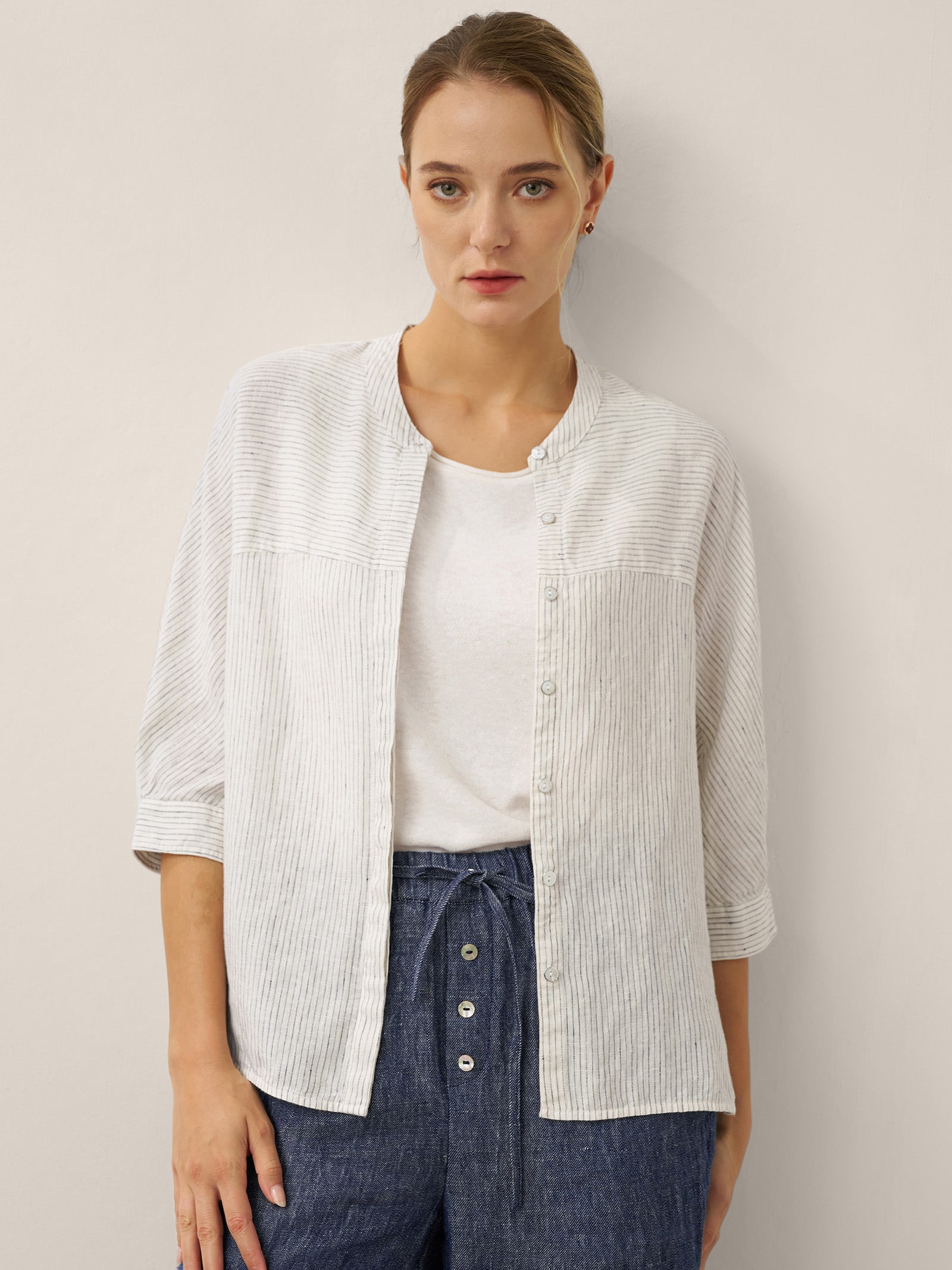 100% Linen Striped Three-Quarter Sleeve Shirt SKYLAR