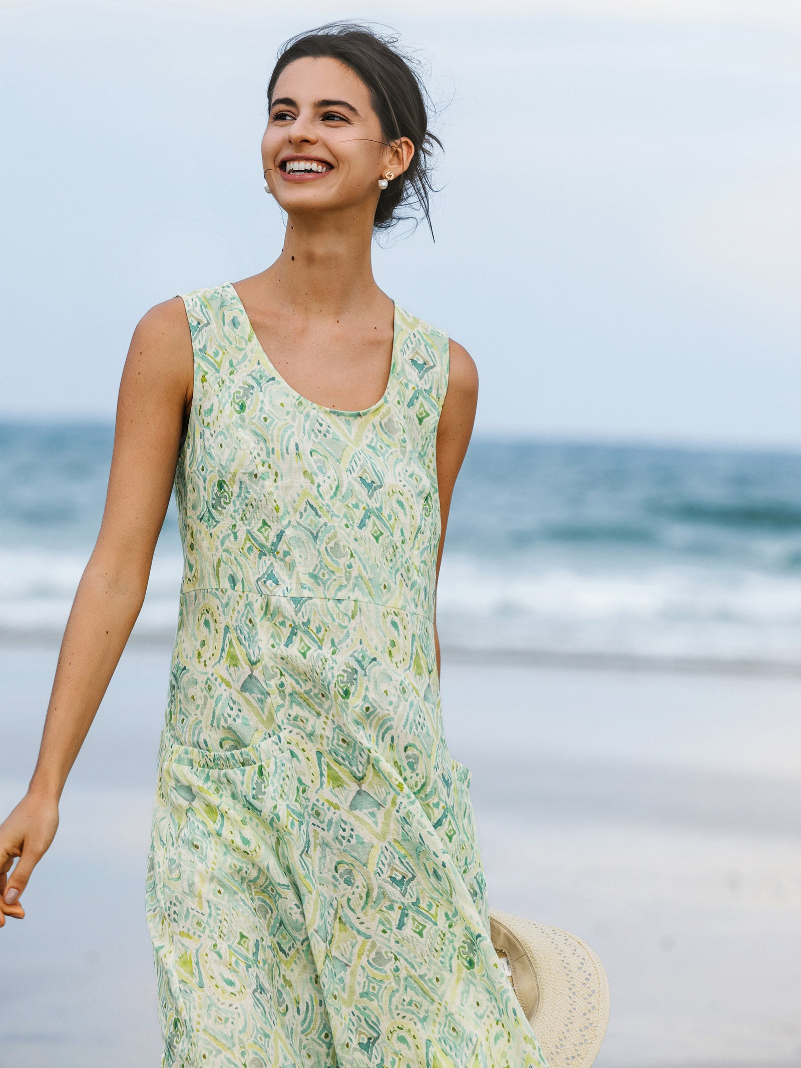 100% Linen Floral Swing Beach Tank Dress LORRAINE