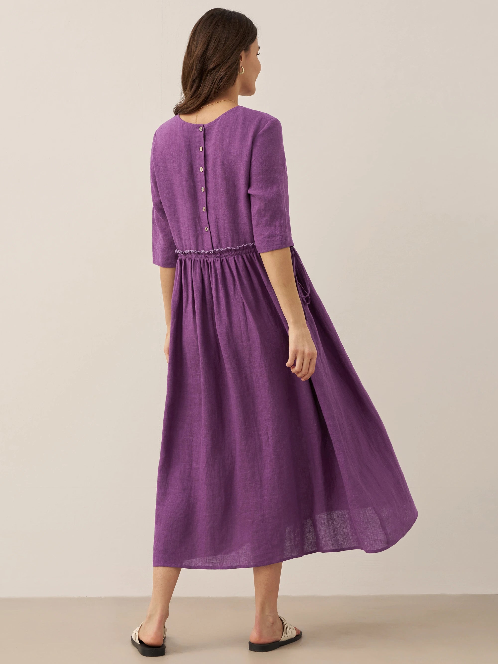 100% Linen Petal-Waist Drawstring Midi Dress JASMINE