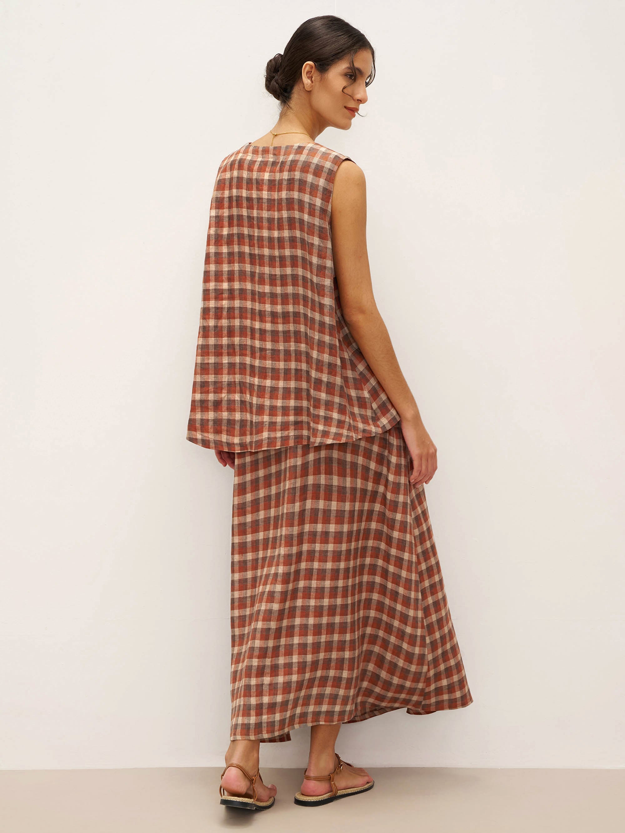 100% Linen V-Neck Checked Oversized Vest DORIS