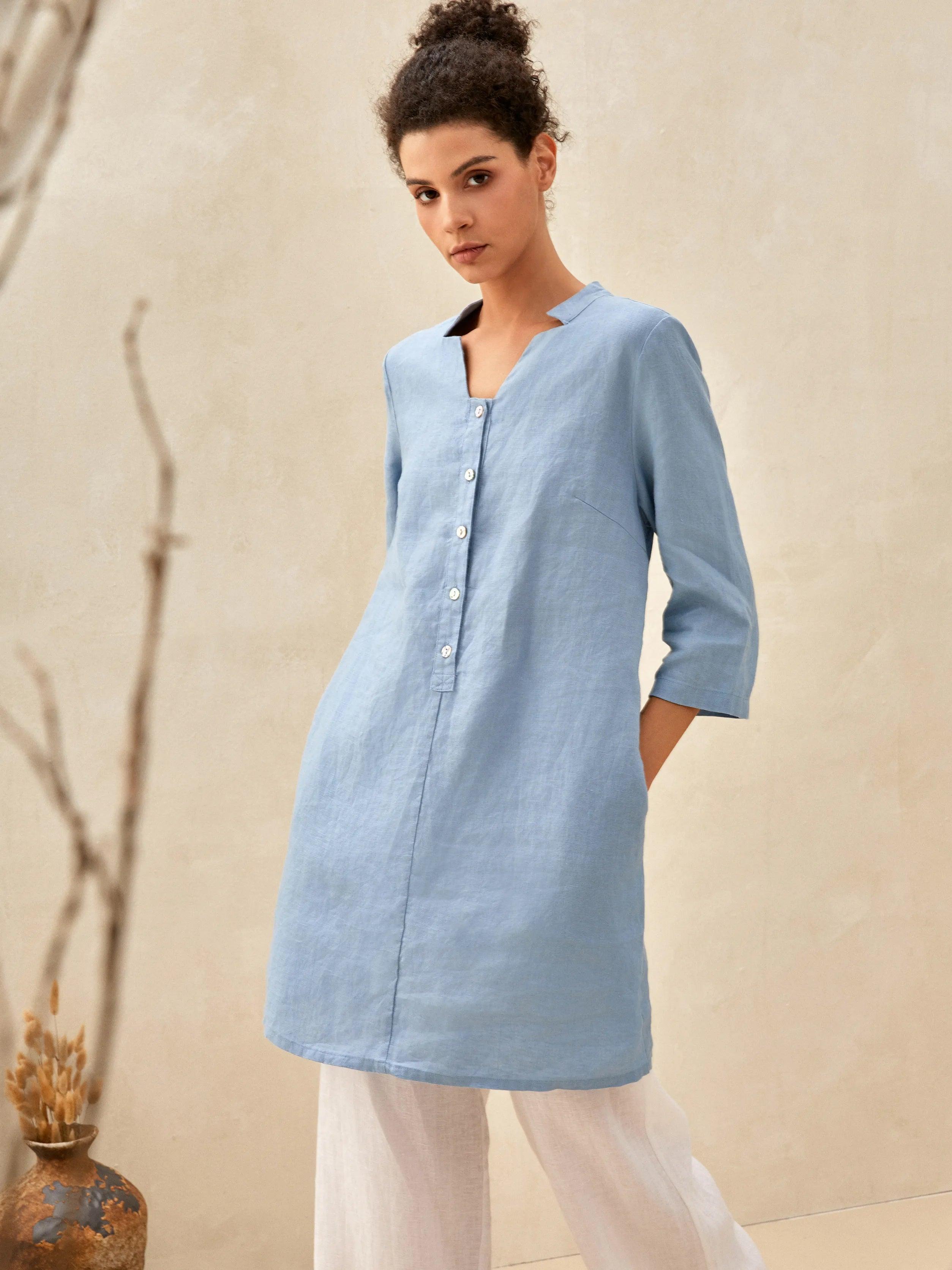 100% Linen 3/4 Sleeve Straight-Leg Long Top AMRITA