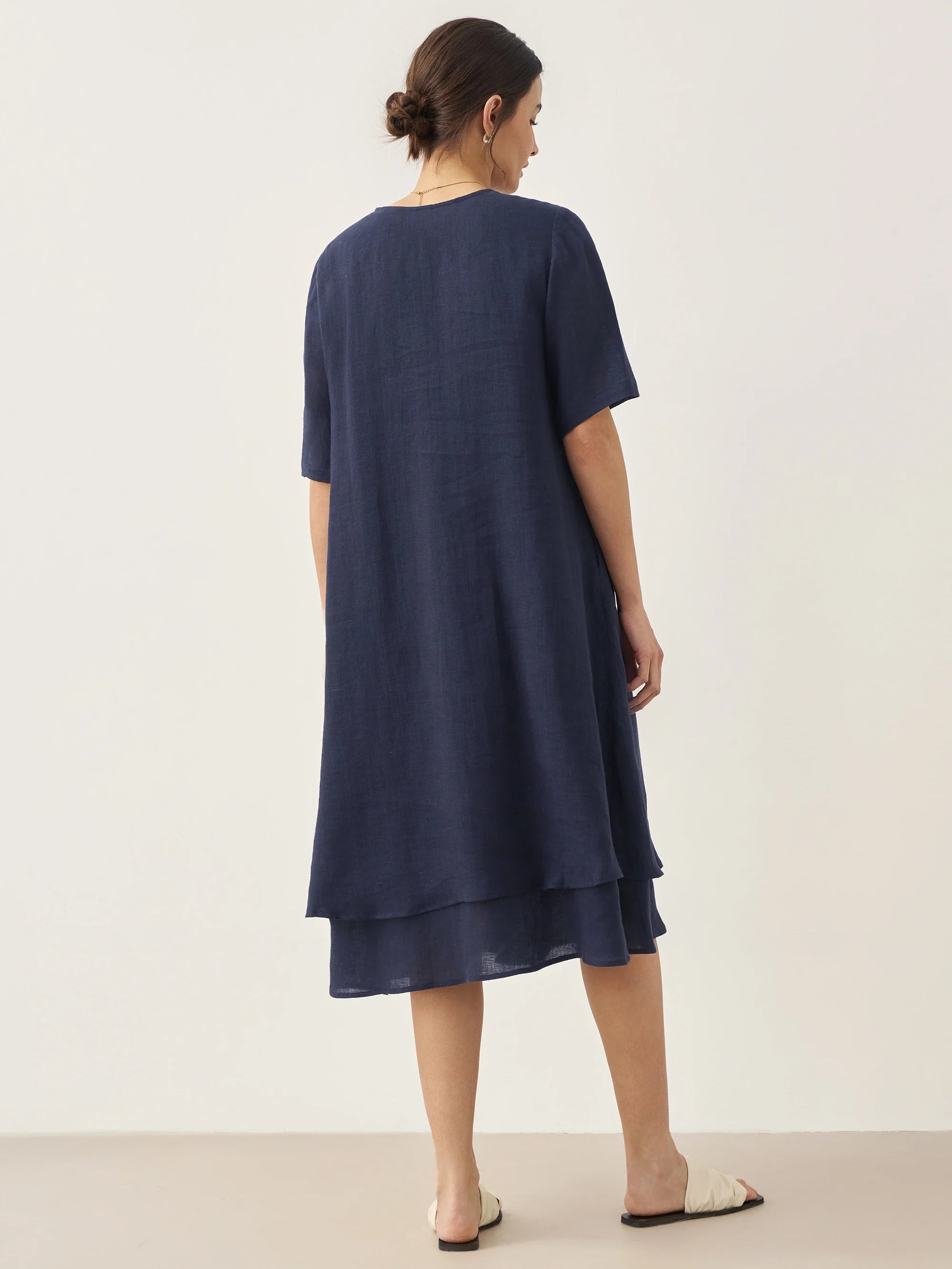 100% Linen V-Neck Double-Layer Midi Dress JAYDA