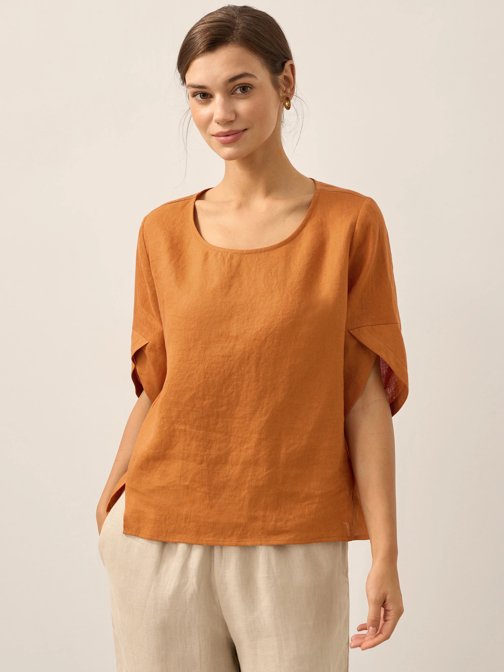 100% Linen Round Neck Petal-Sleeve Pullover LAUREL
