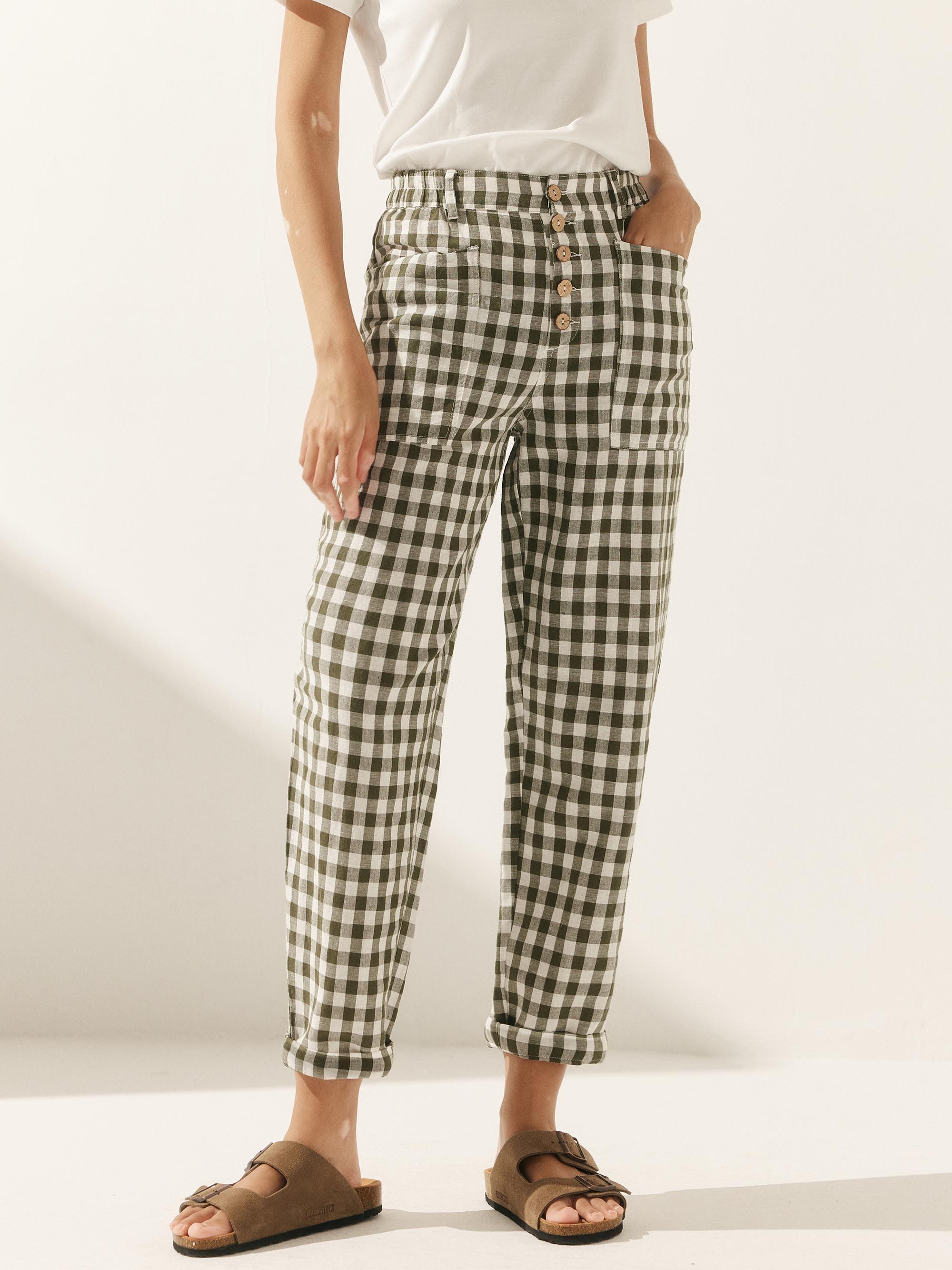 Linen Simple Checked Button Fly Trousers HEIDI