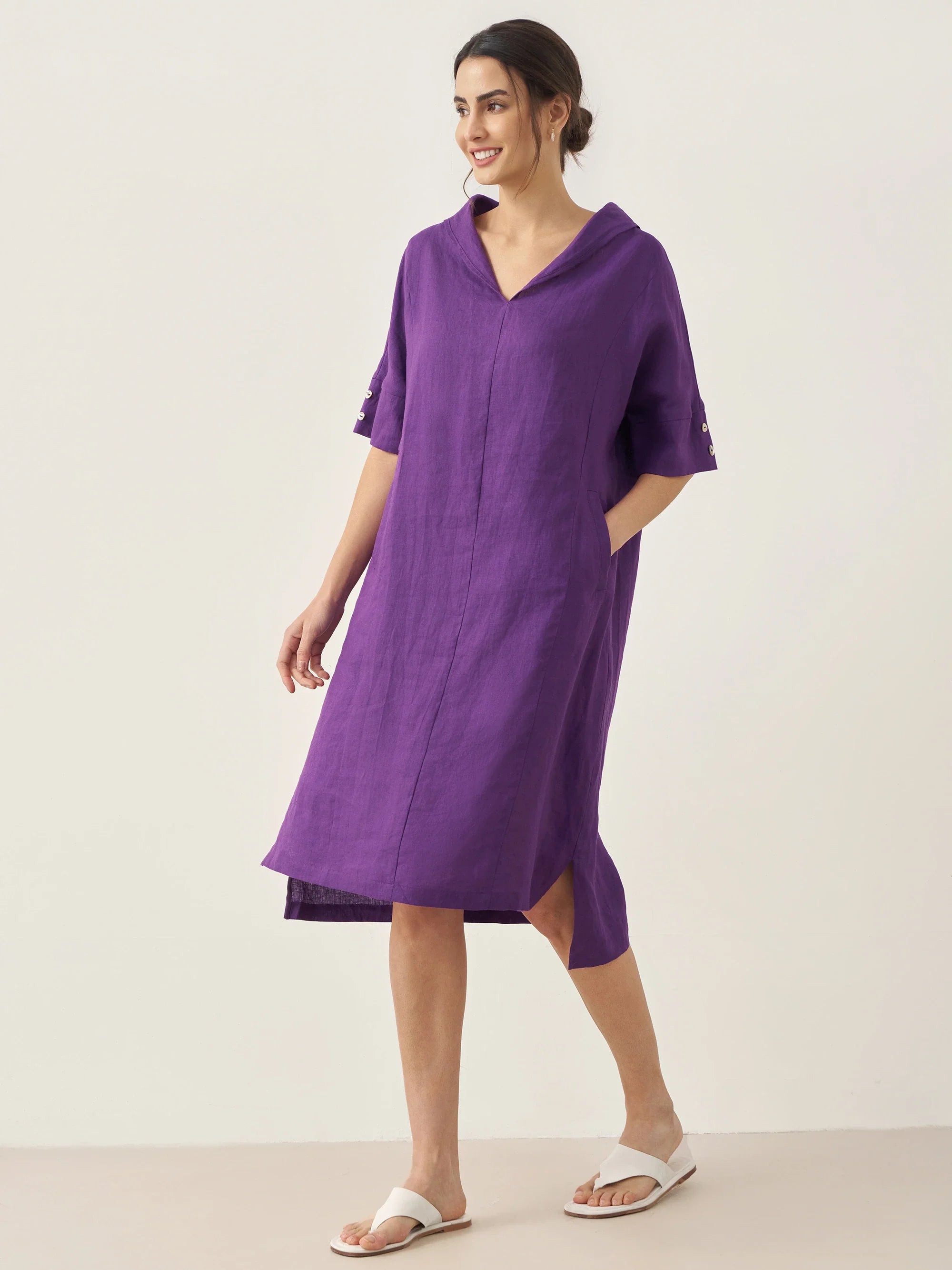 100% Linen V-Neck Pullover Midi Dress AUBREY