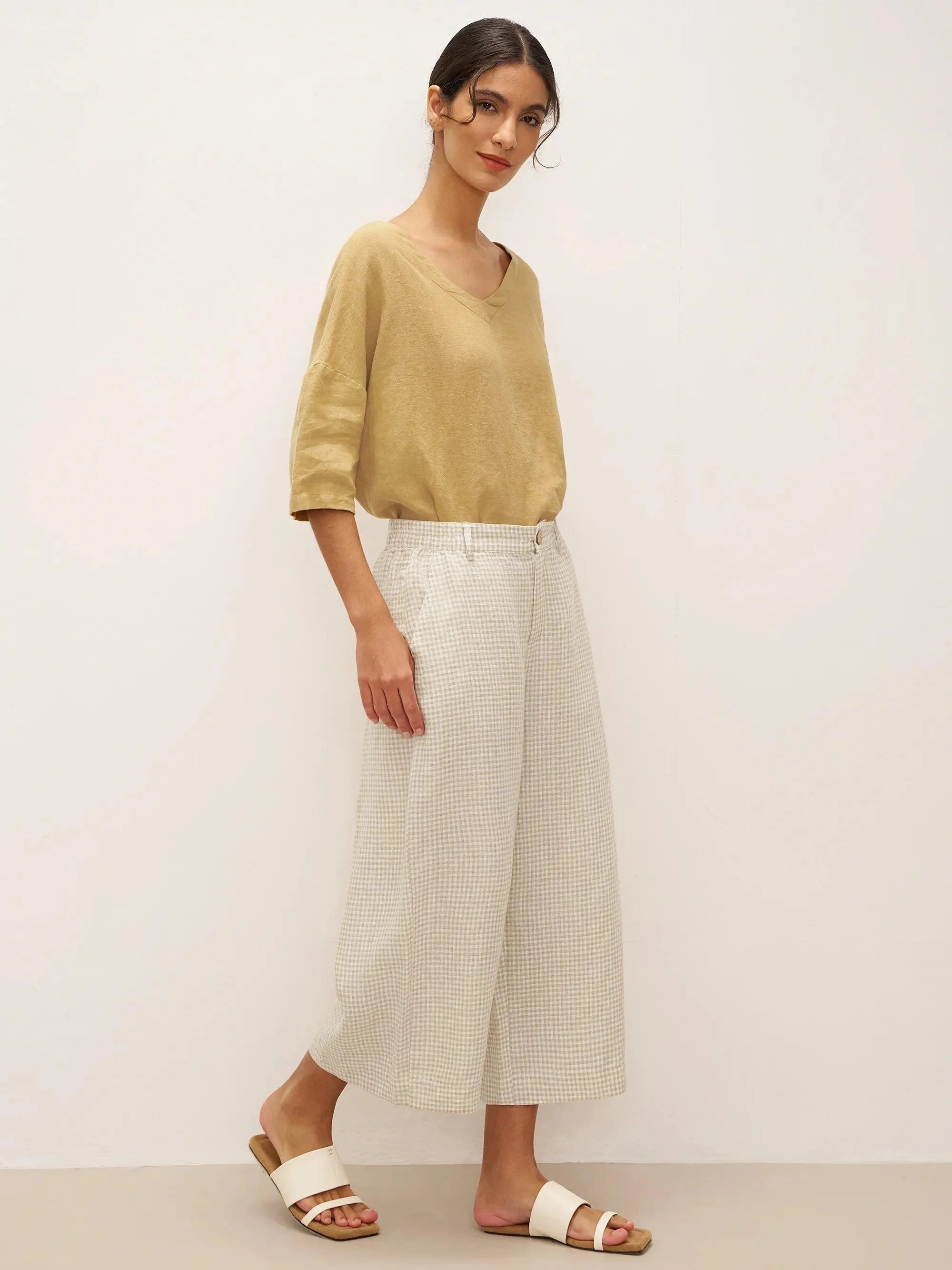 100% Linen Wide-Leg Pants with Elastic Back DILYS