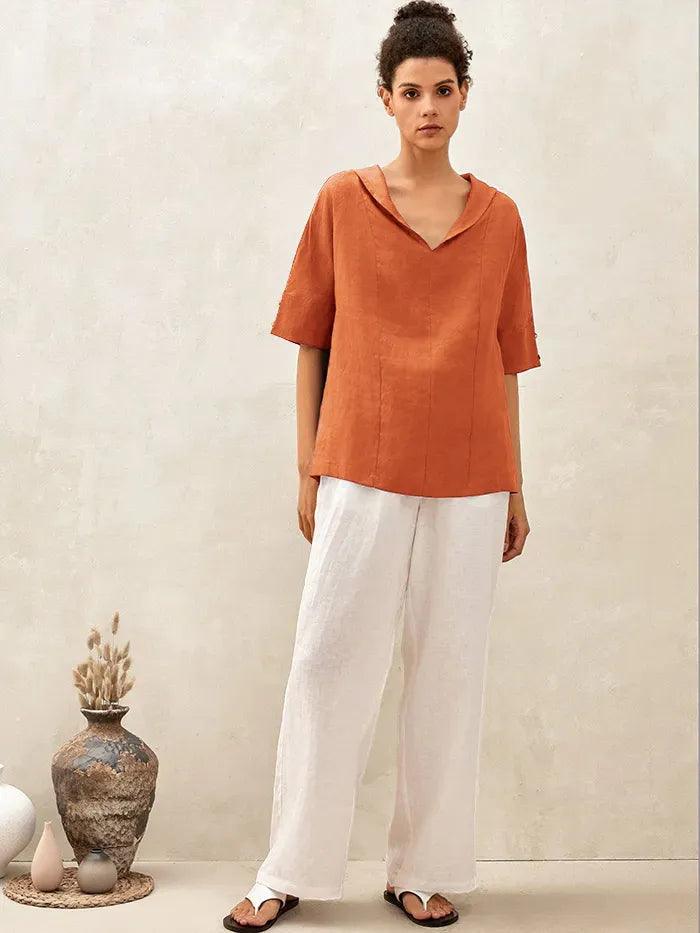 100% Linen V-Neck Short Sleeve Shirt SIERRA