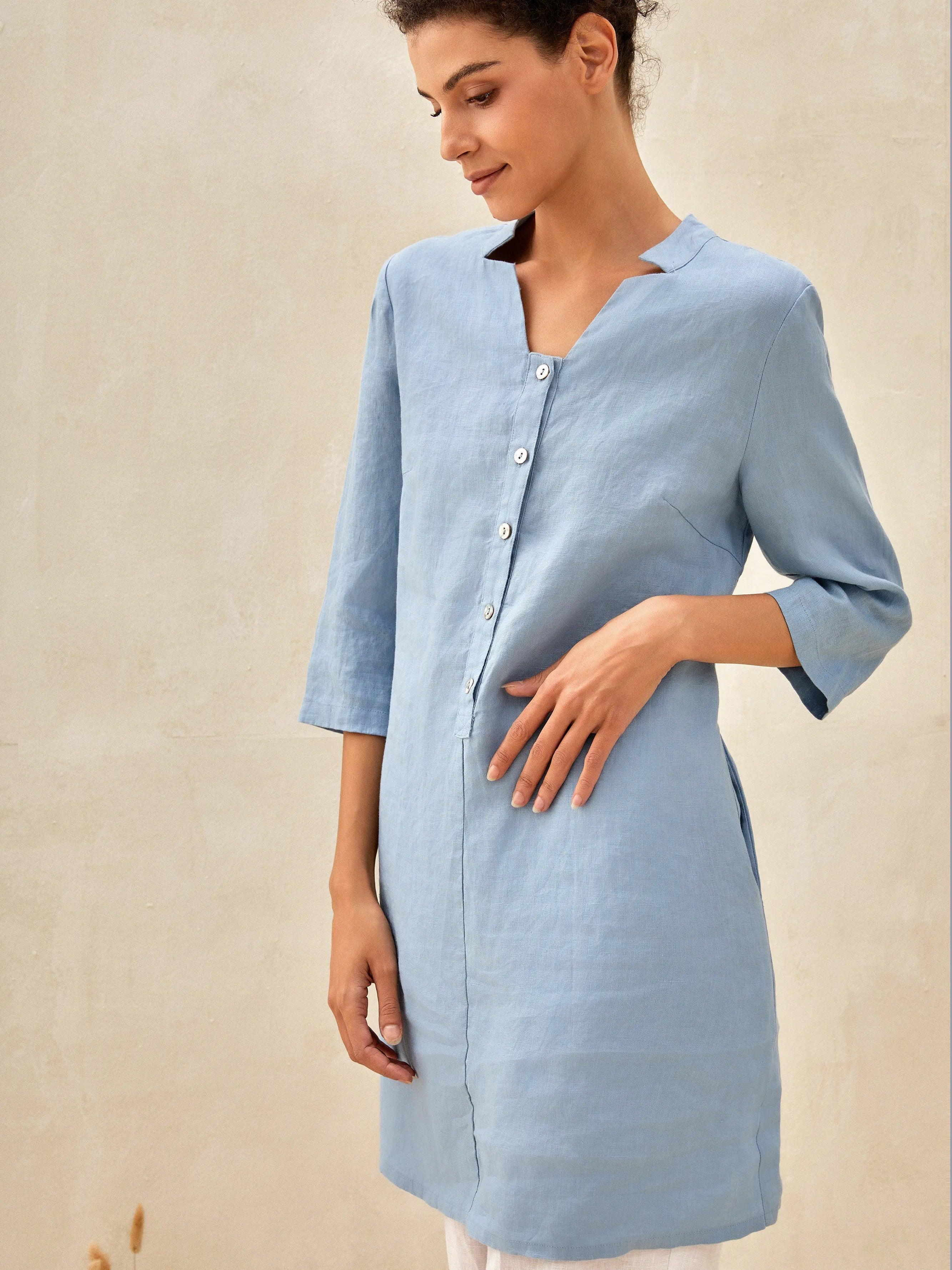 100% Linen 3/4 Sleeve Straight-Leg Long Top AMRITA