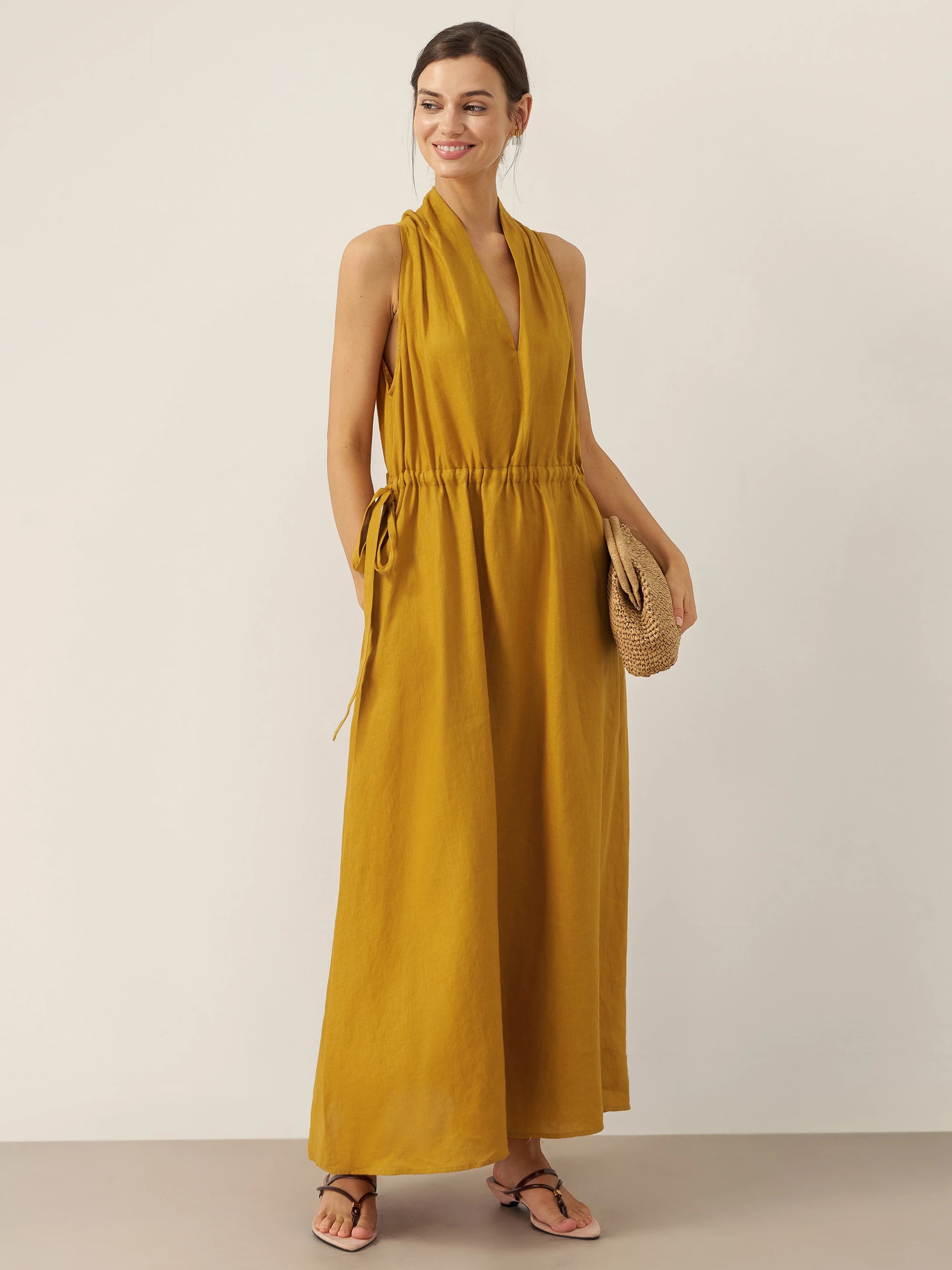 100% Linen V-Neck Halter Maxi Dress BETH