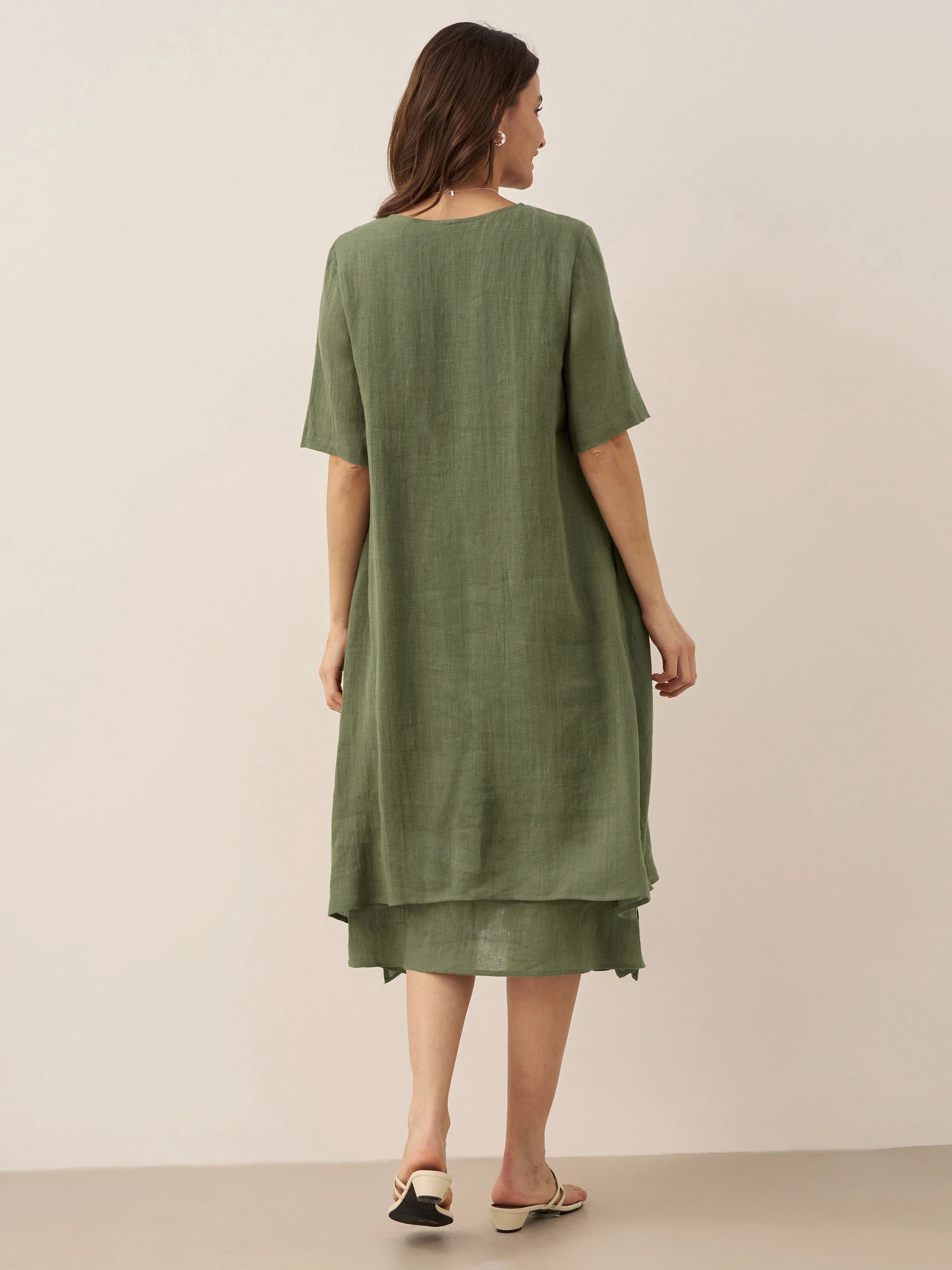 100% Linen V-Neck Double-Layer Midi Dress JAYDA