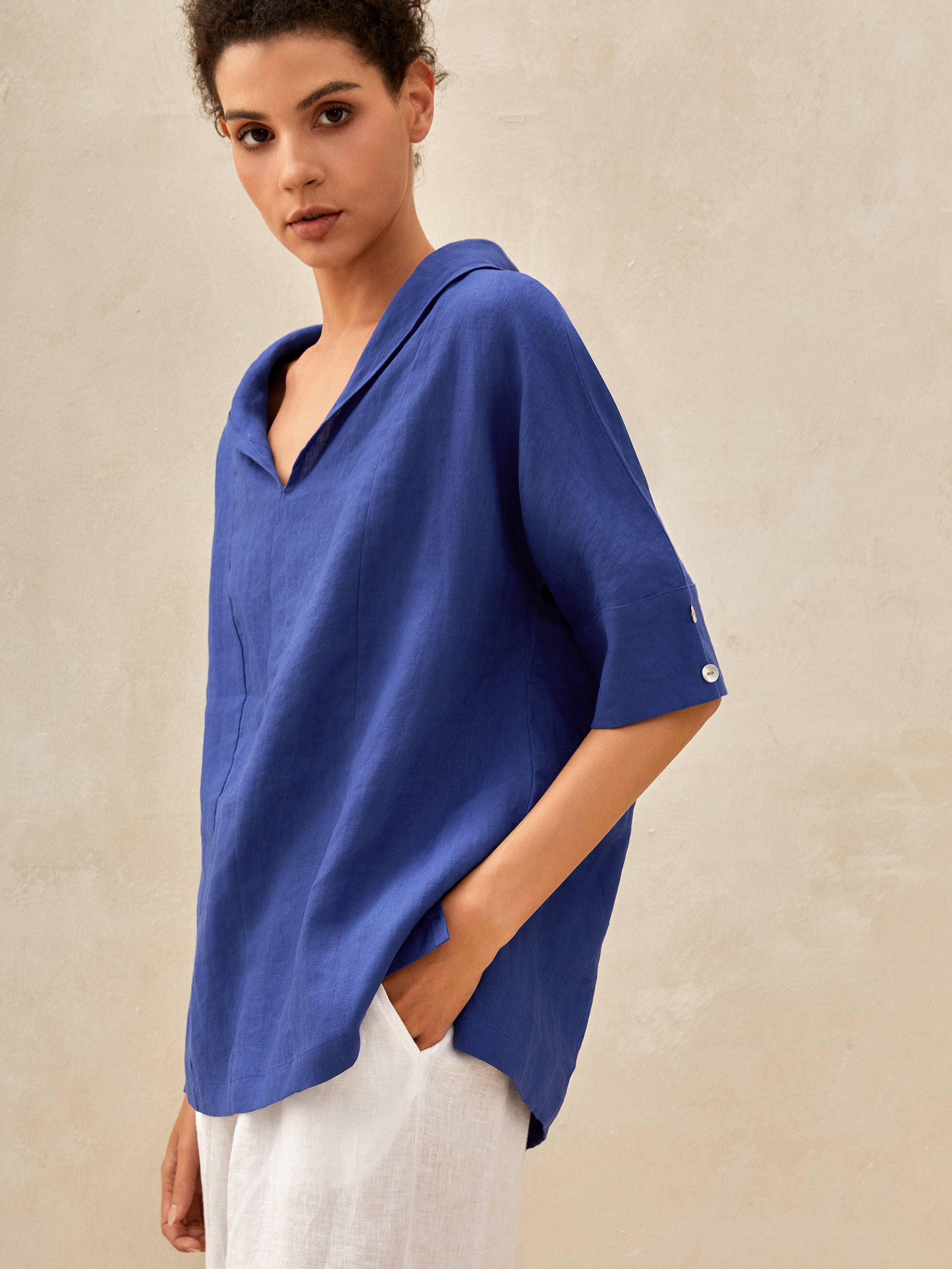 100% Linen V-Neck Short Sleeve Shirt SIERRA