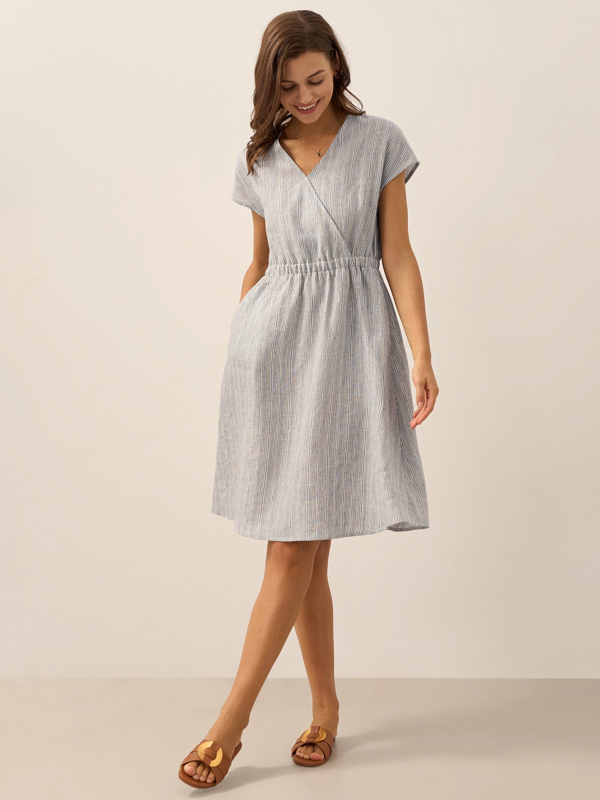 100% Linen Striped Elastic-Waist Midi Dress ARIA