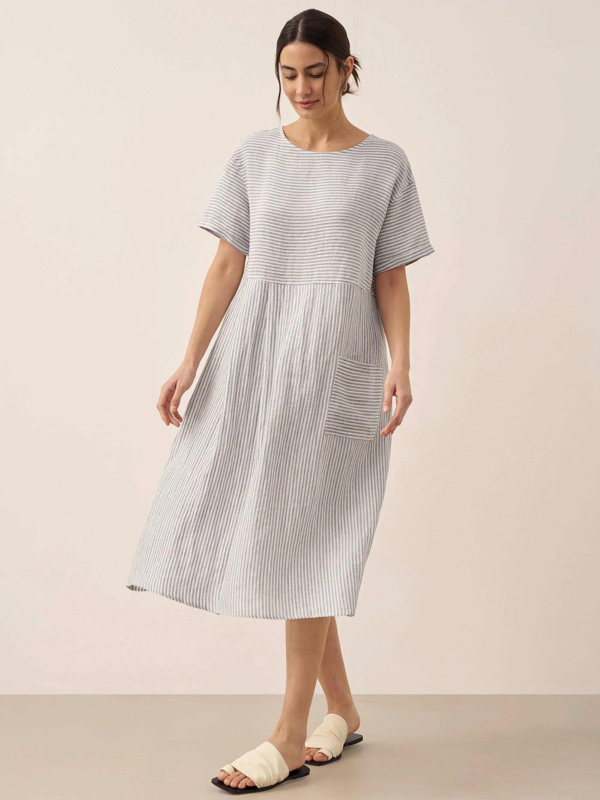 100% Linen Pinstripe Paneled Short-Sleeved Dress MORGAN