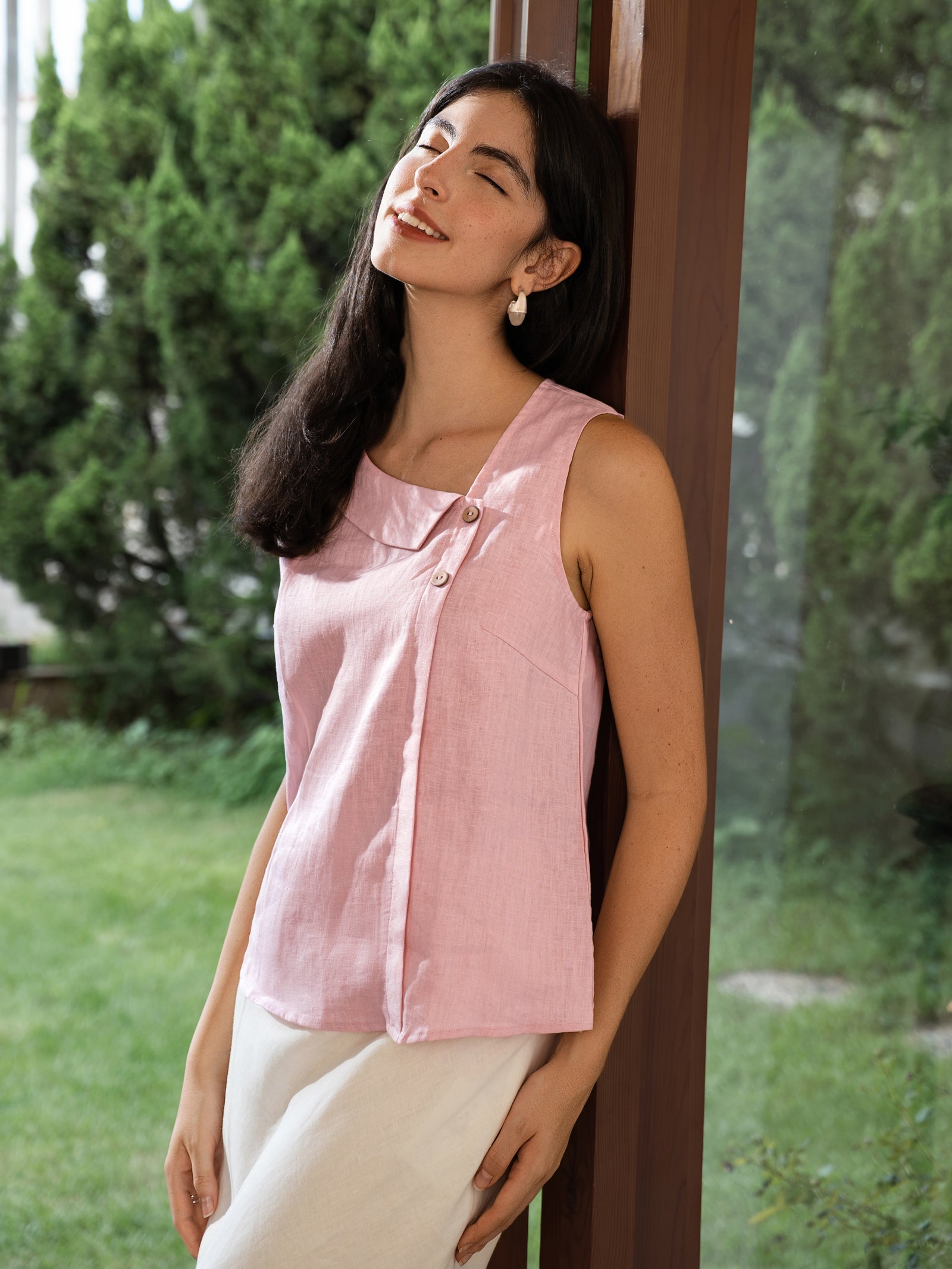 100% Linen Sleeveless Crescent Collar Top KARA