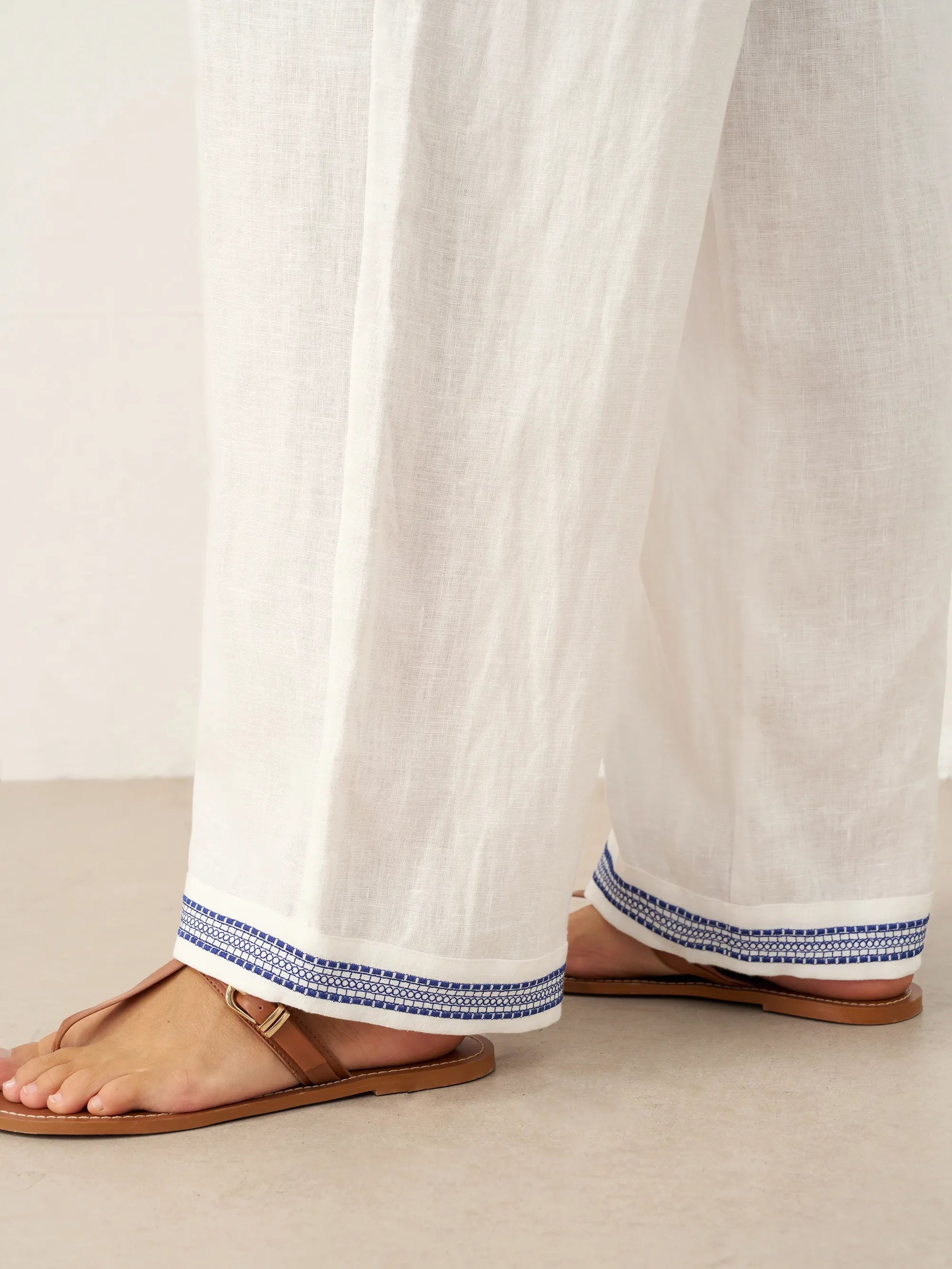 100% Linen Embroidered Elastic Waist Pants FENE