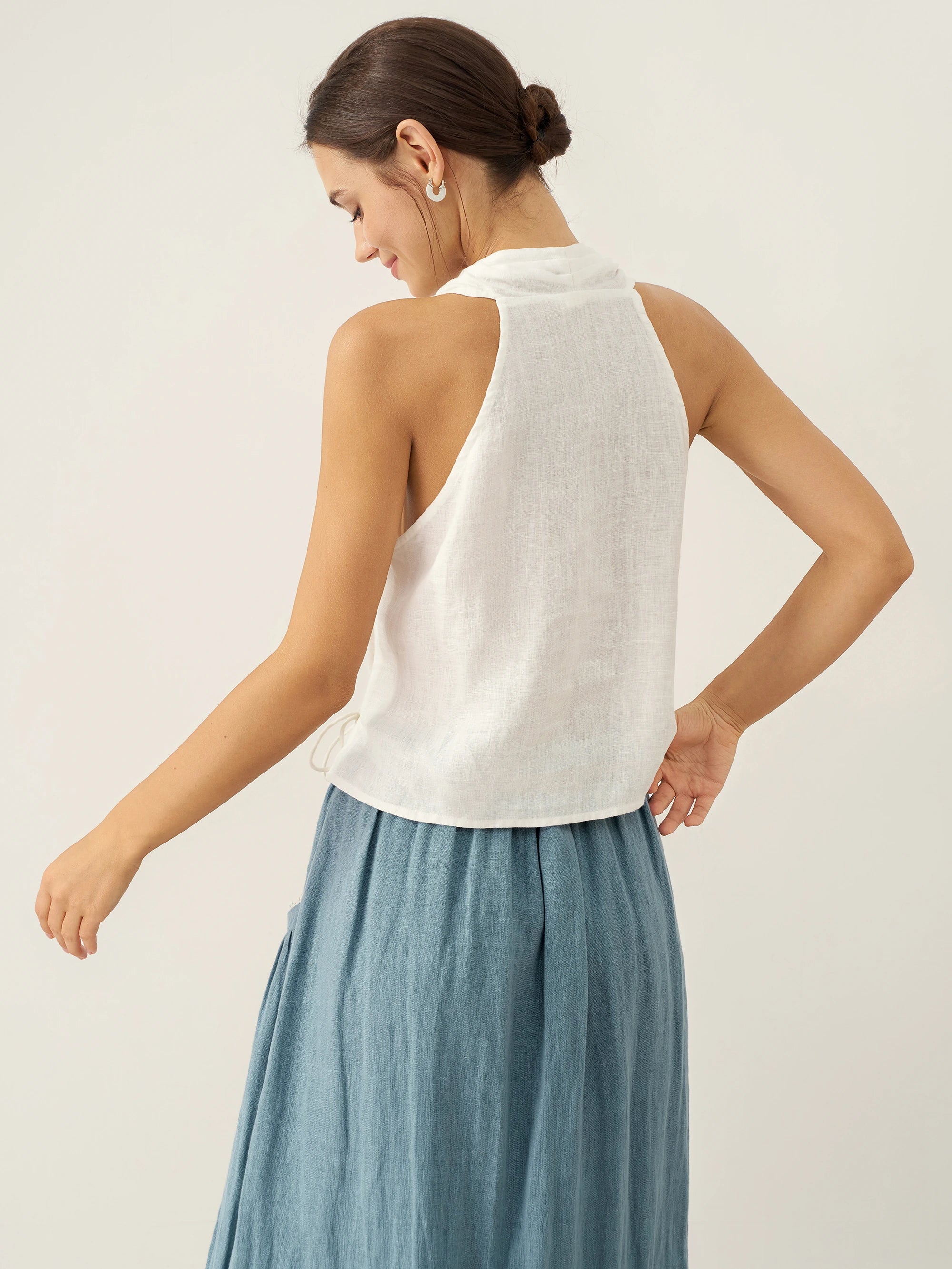 100% Linen Halter Neck Tie-Front Crop Top FAYE