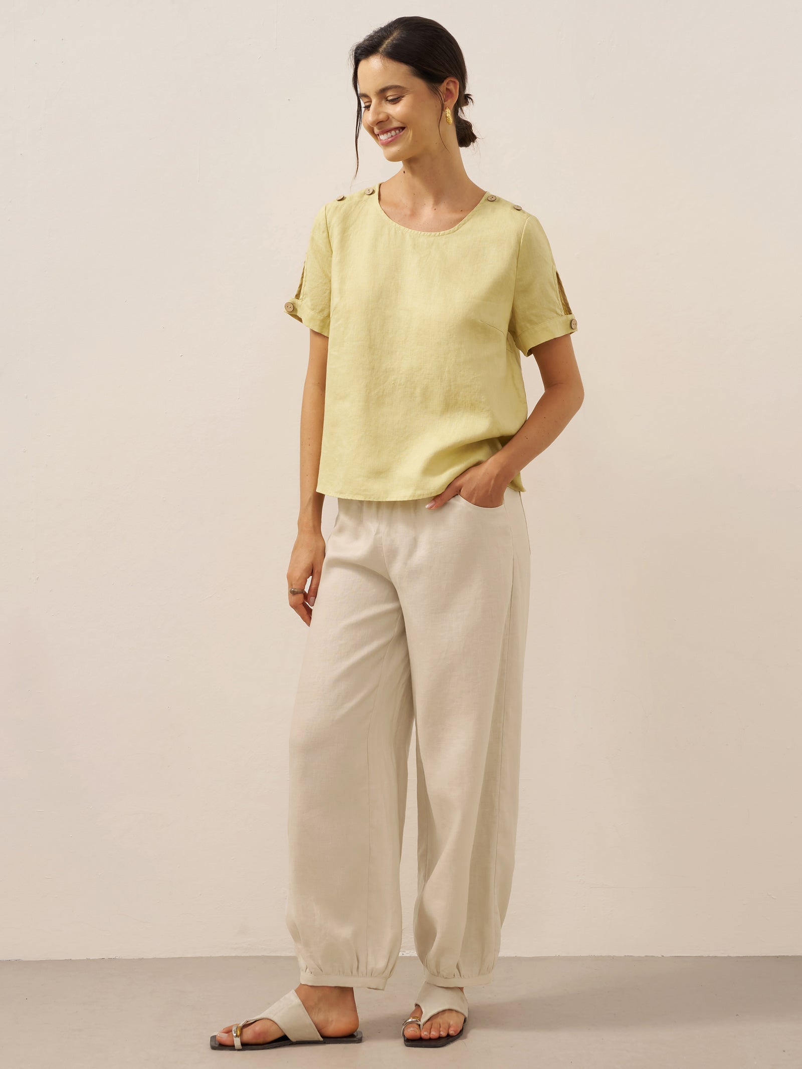 100% Linen Eyelet Short Sleeve Pullover Top ADA