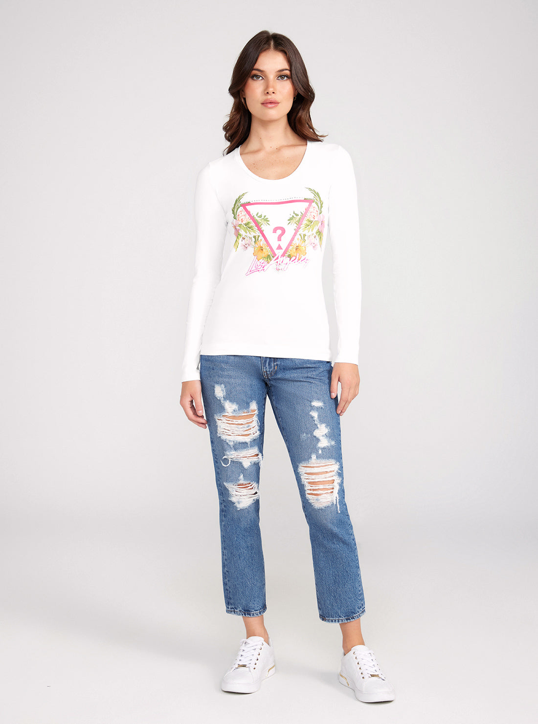 White Long Sleeve Triangle Flower T-Shirt