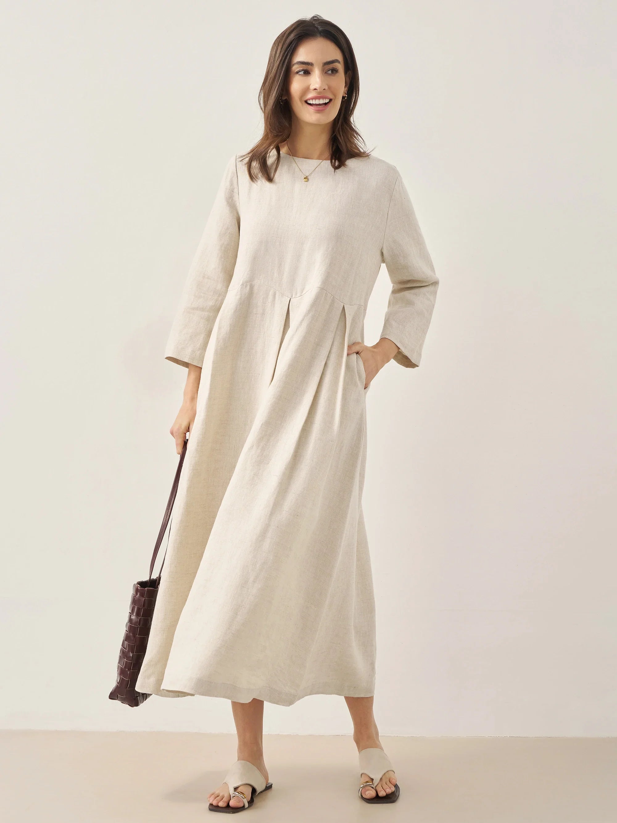 100% Linen Bateau Neck Pleated Maxi Dress