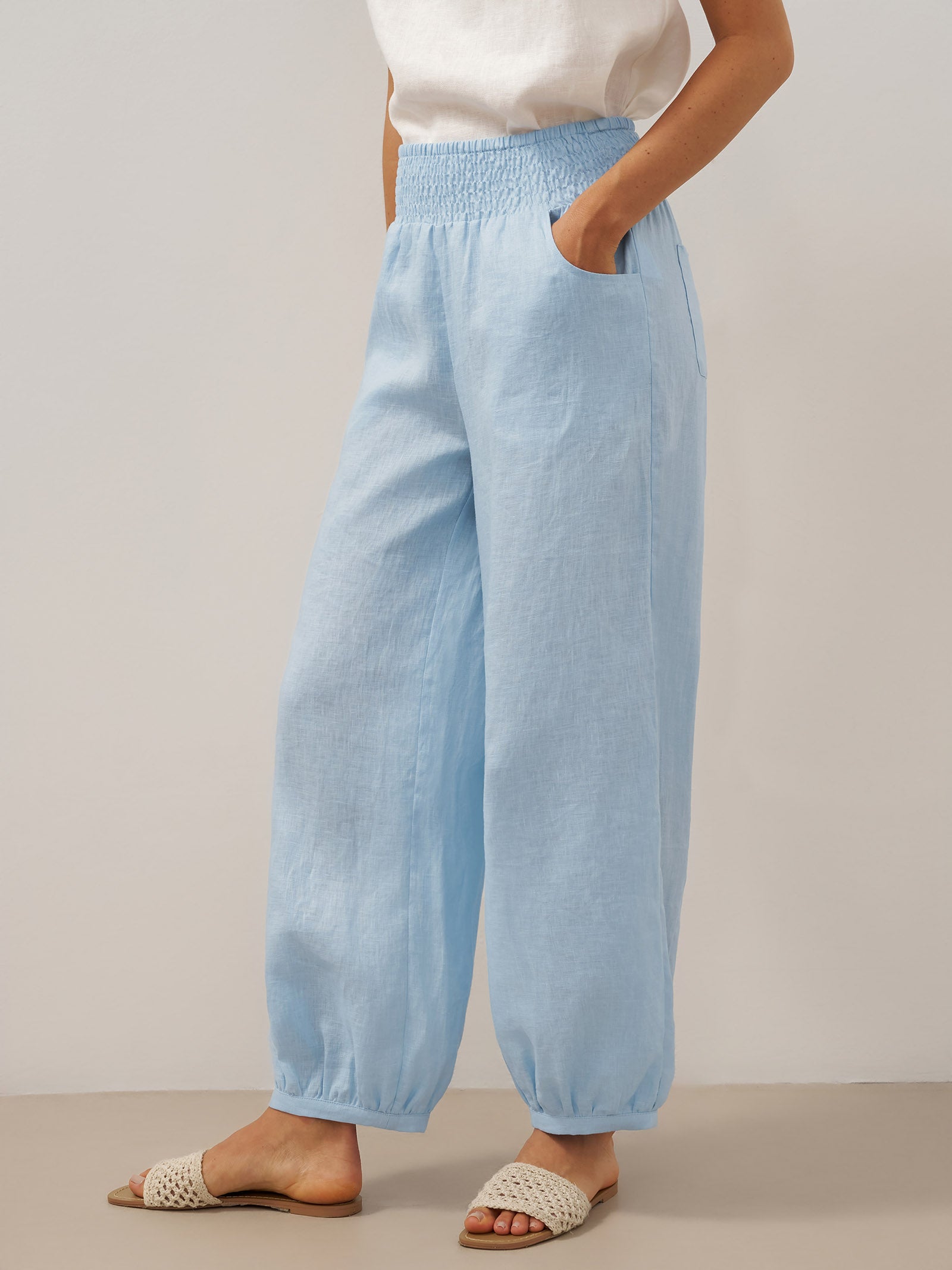 100% Linen Broad Elastic Waistband Pants TALIA