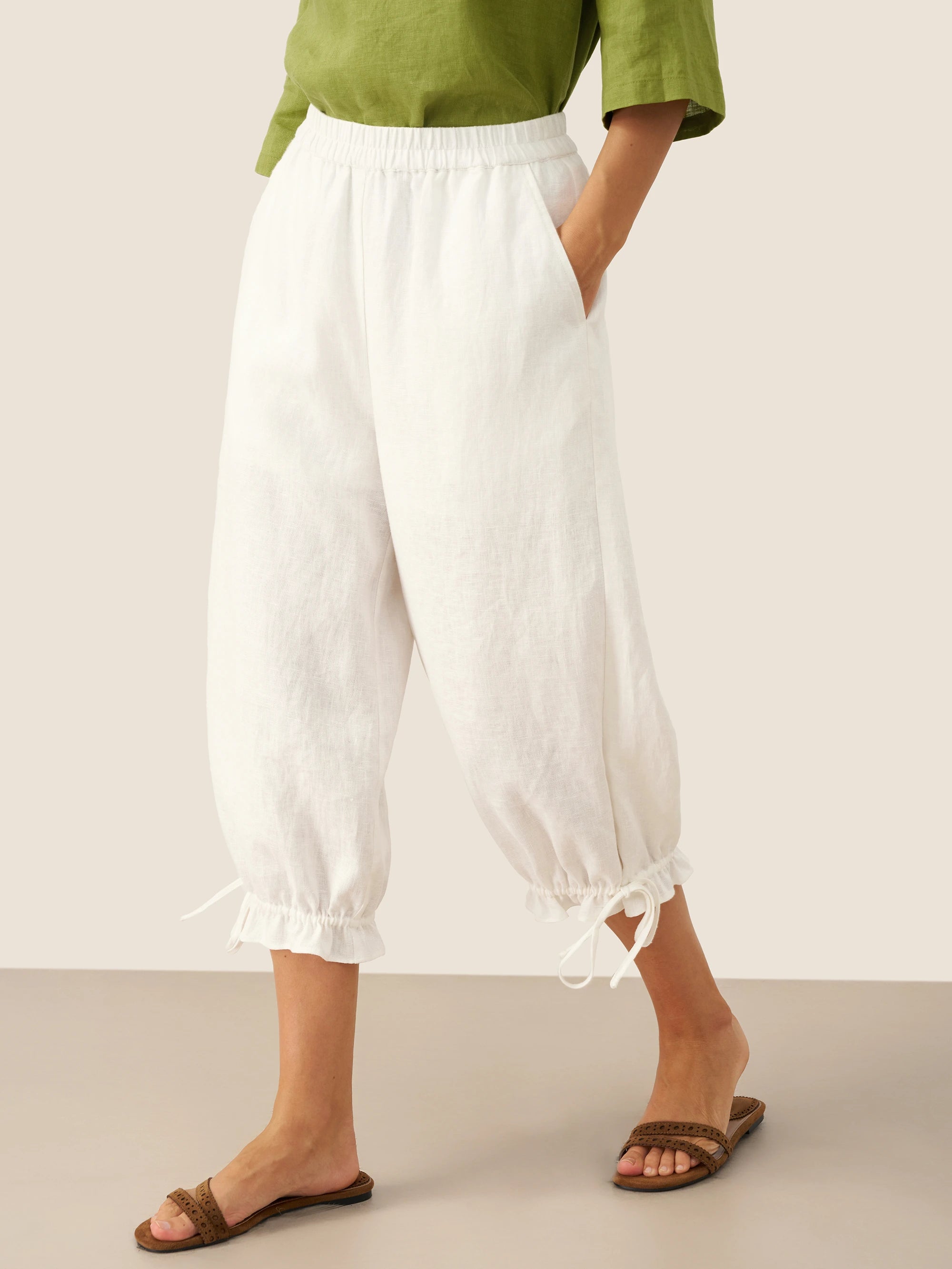 100% Linen Elastic Waist Ruffled Cuff Pants RUBY