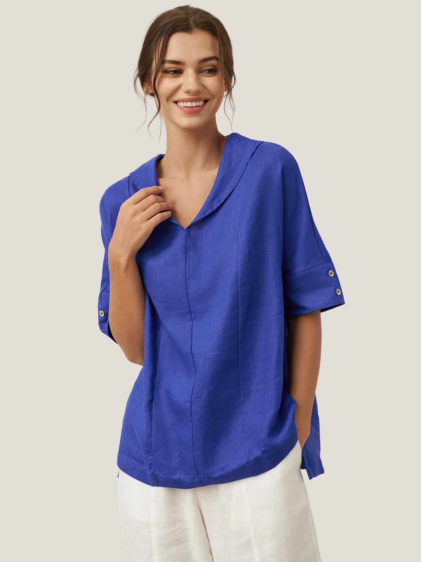100% Linen V-Neck Short Sleeve Shirt SIERRA