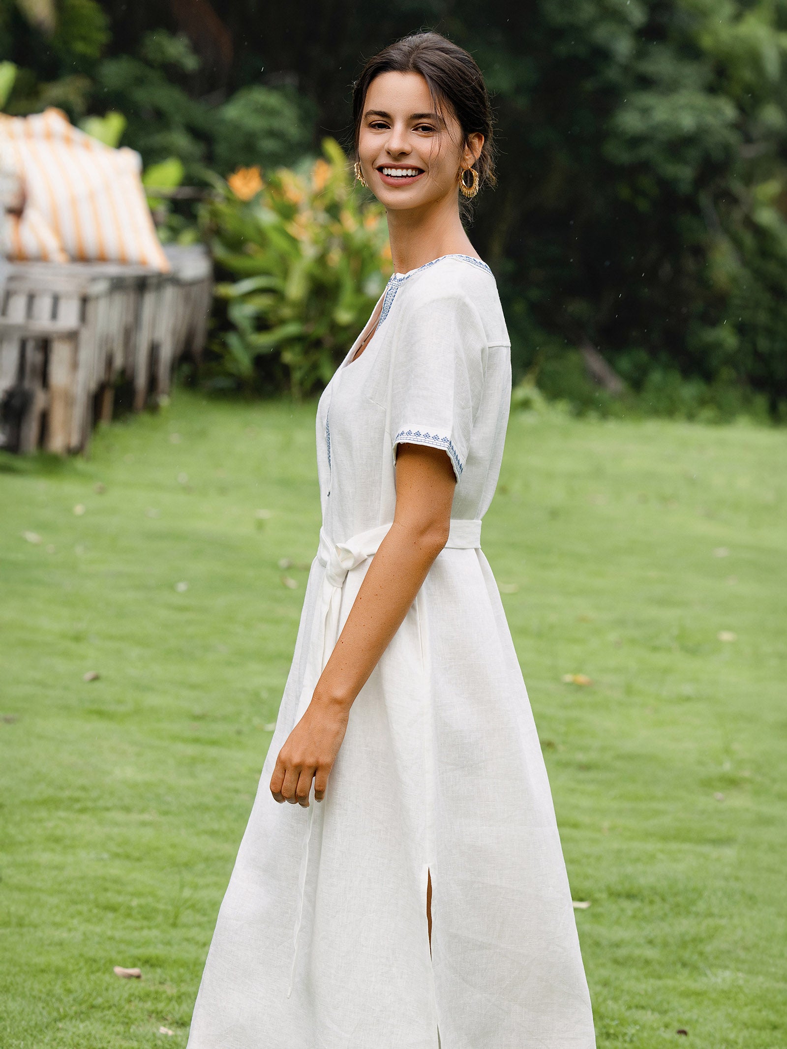 100% Linen Embroidered V-Neck Midi Dress with Belt FELLIS