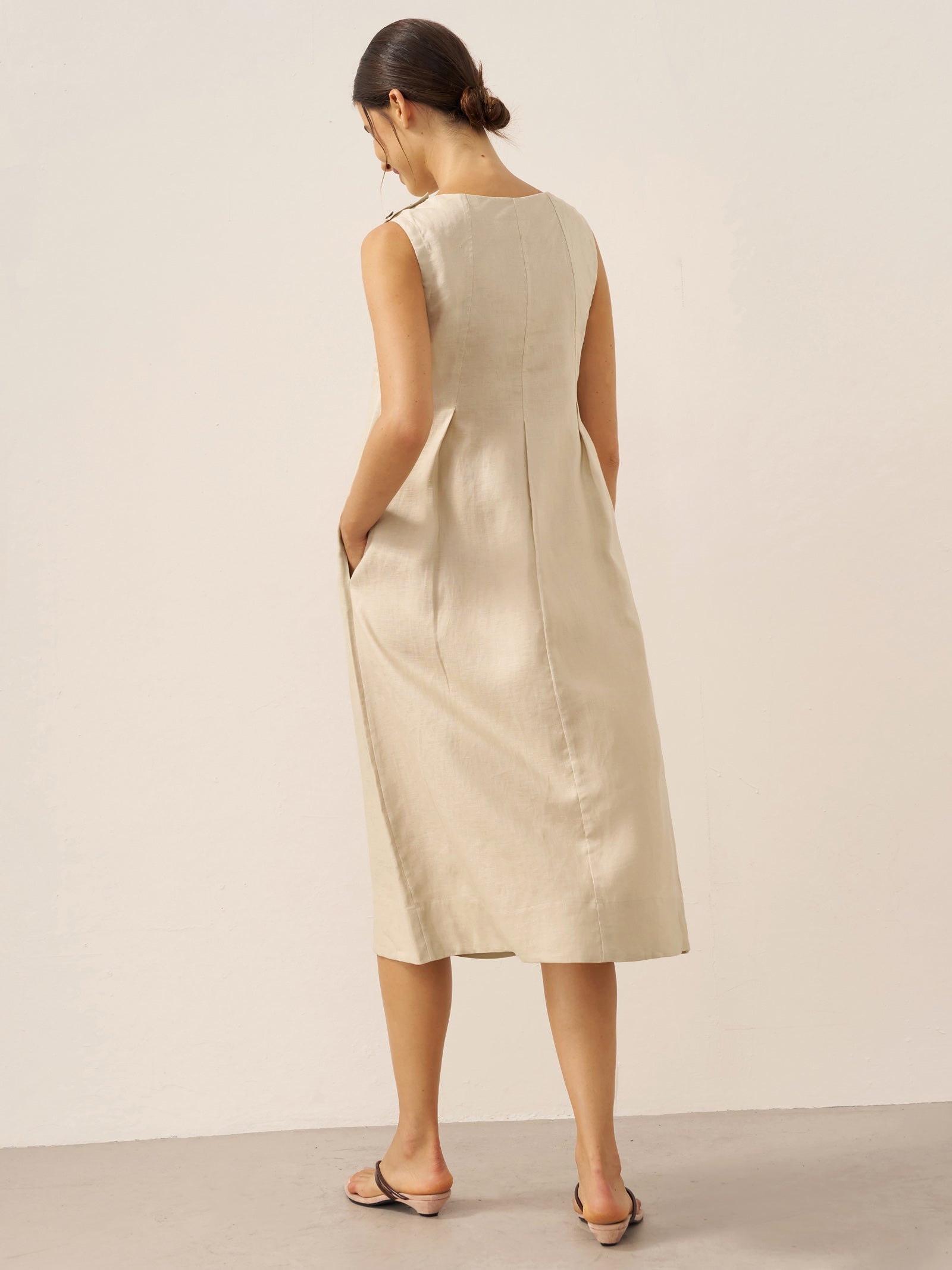 100% Linen Sleeveless Shoulder Button Midi Dress FREYA