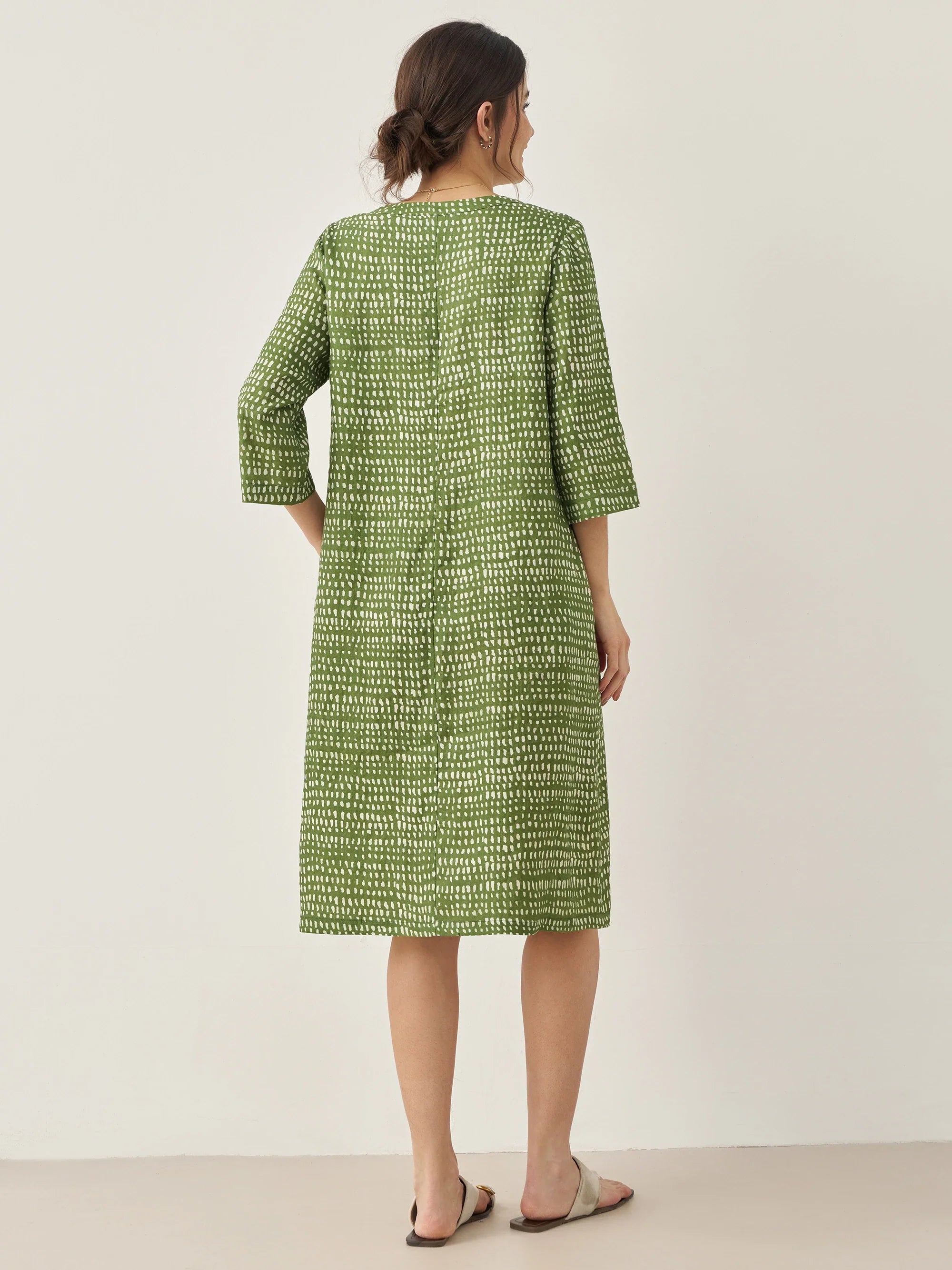 100% Linen V-Neck Dot Midi Dress LIRA