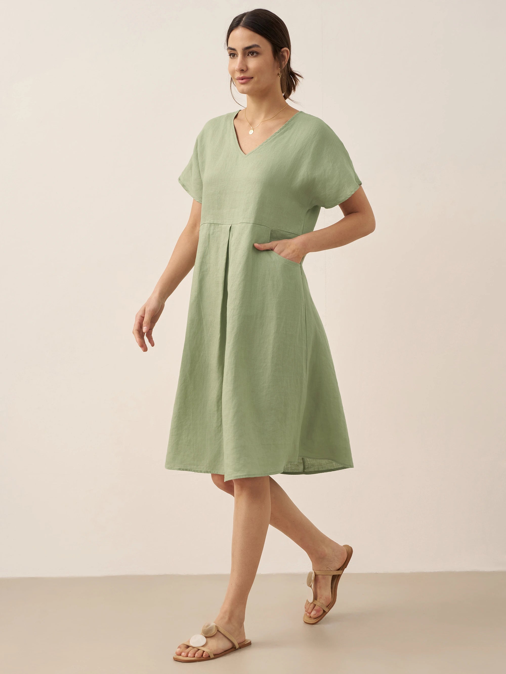 100% Linen V-Neck Pockets Swing Dress AINSLEY
