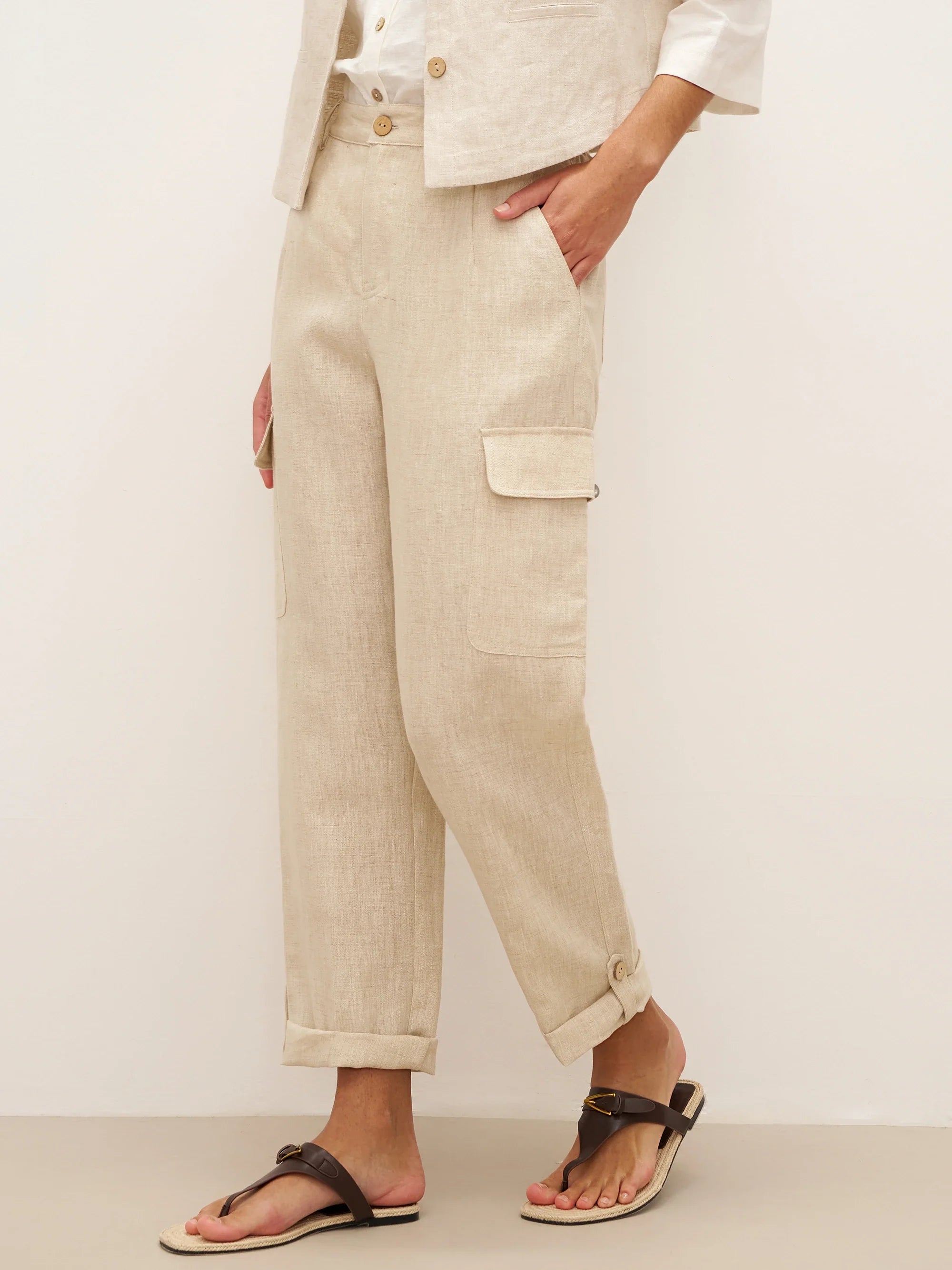 100% Linen Cargo Tapered Trousers with Patch Pockets JESSE