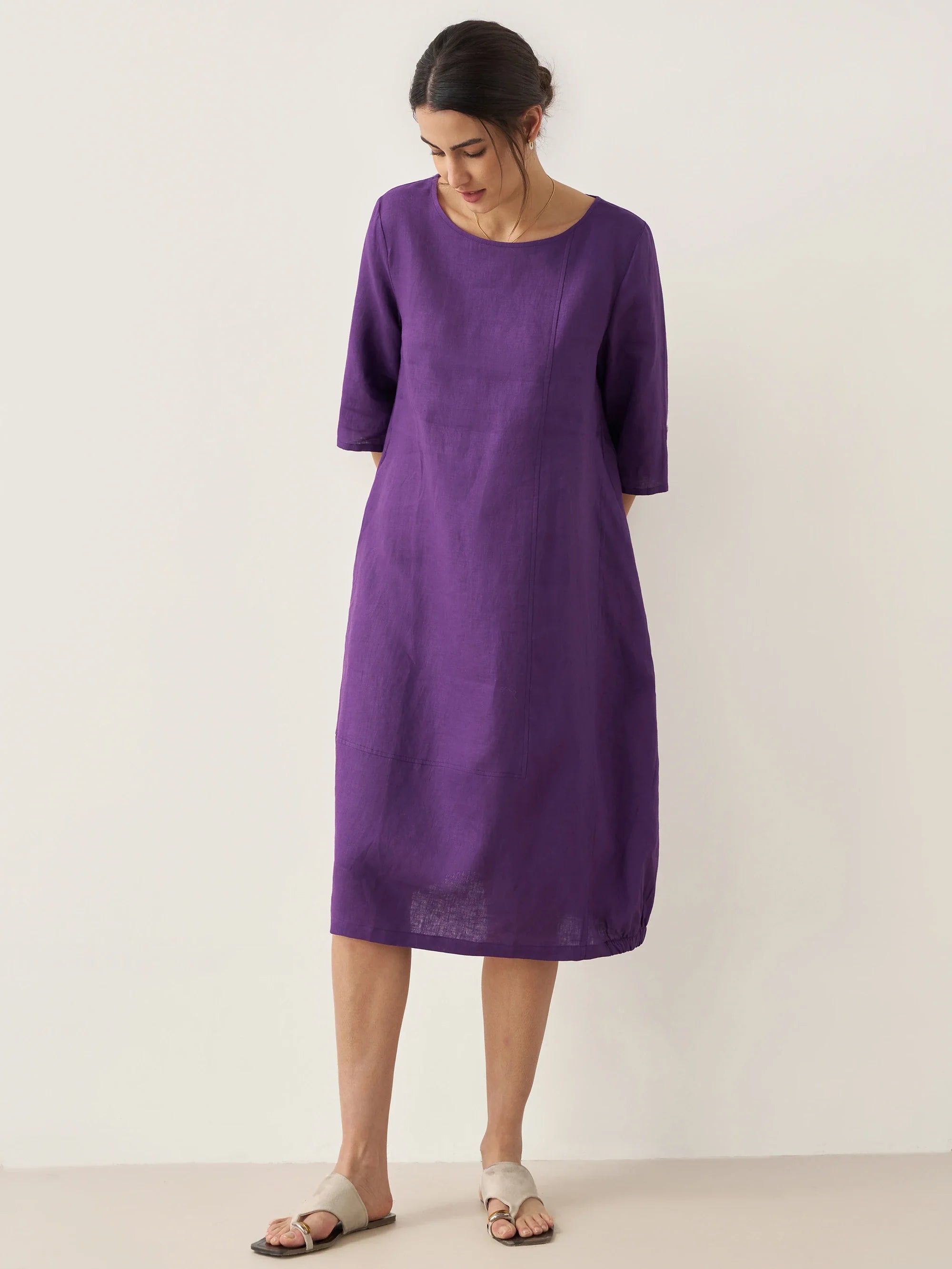 100% Linen Collarless Mid-Length Dress SOFIA