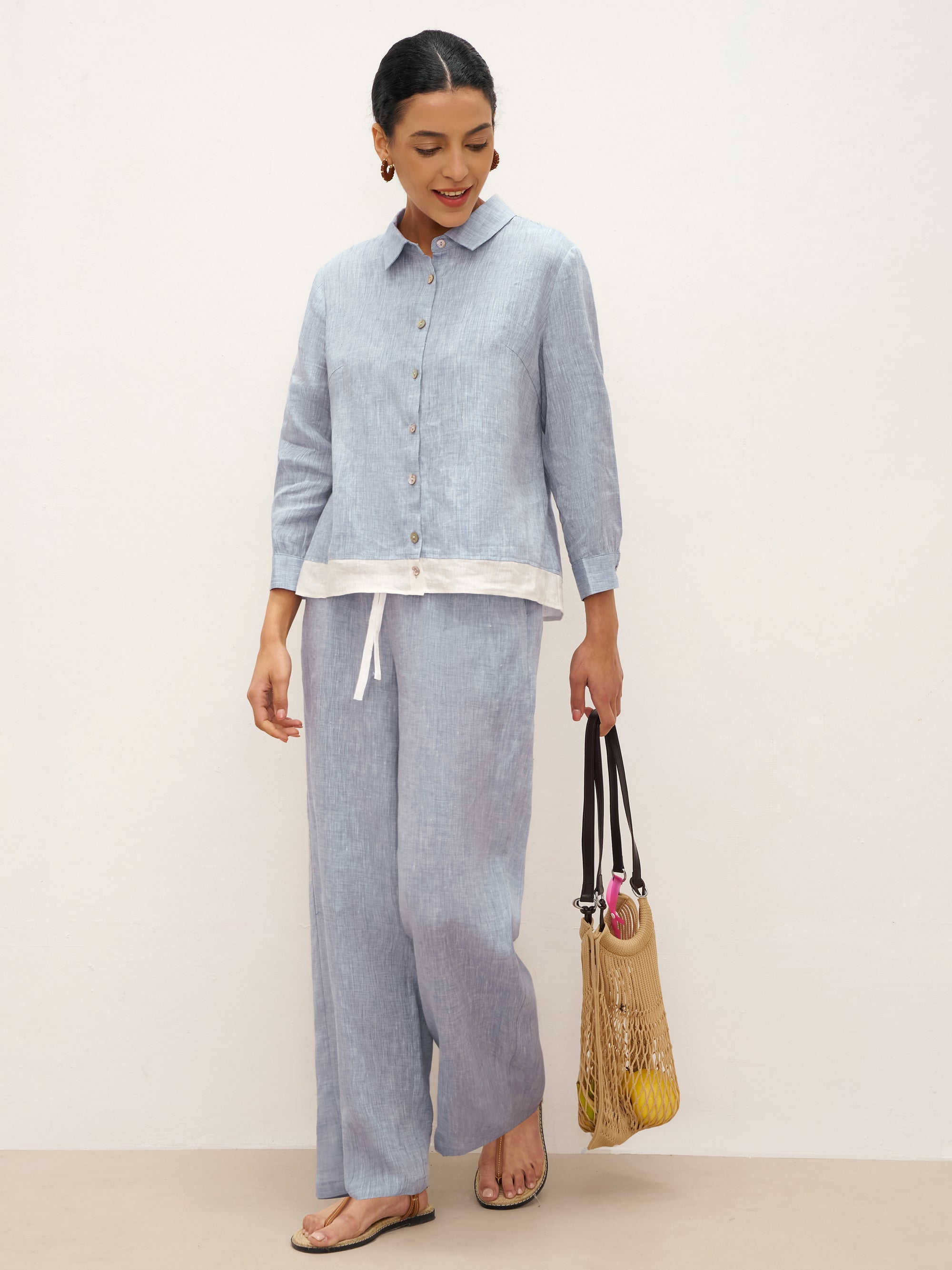 100% Linen Buttoned Closure Color-Blocked Shirt JANICE