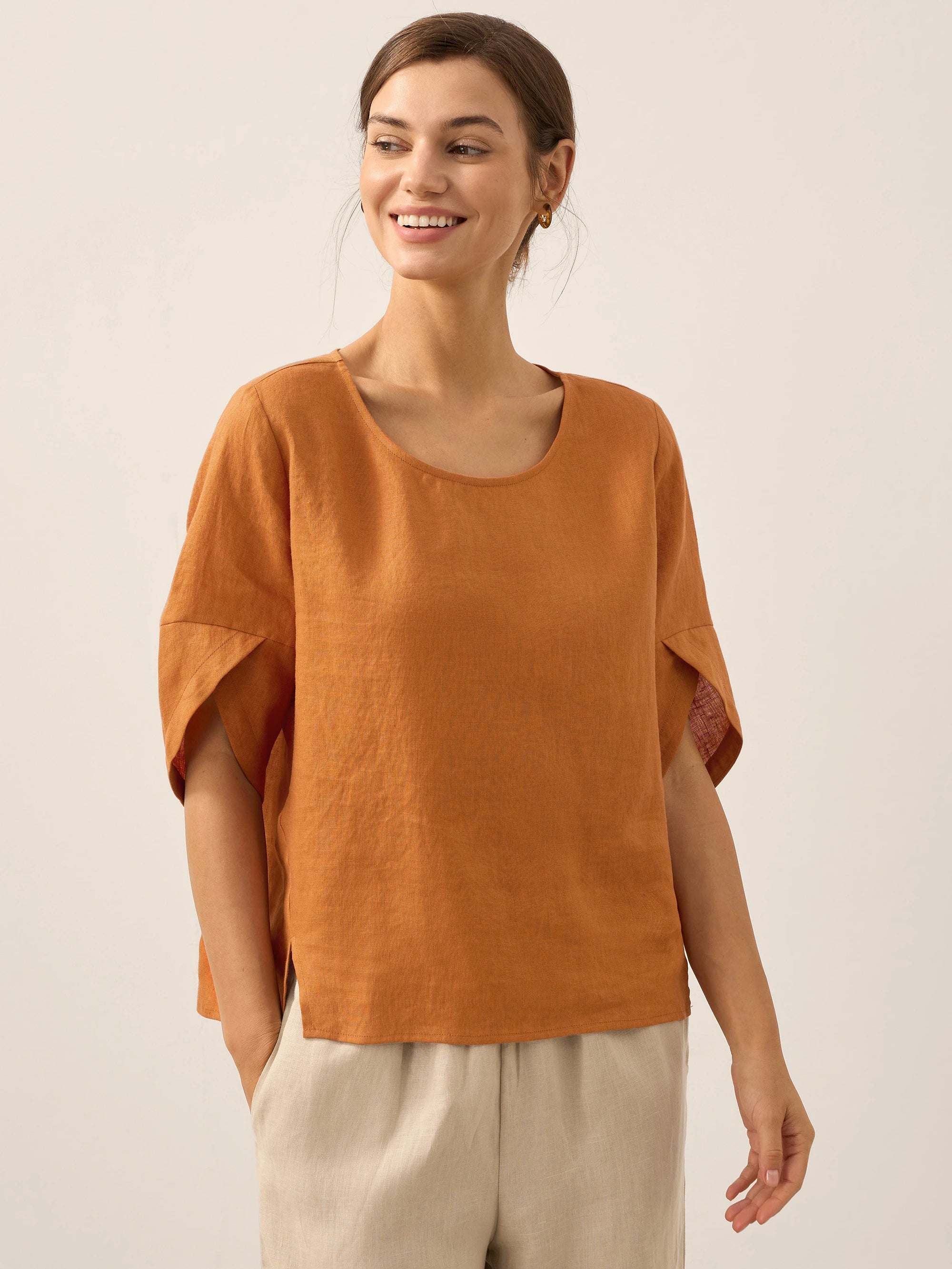 100% Linen Round Neck Petal-Sleeve Pullover LAUREL