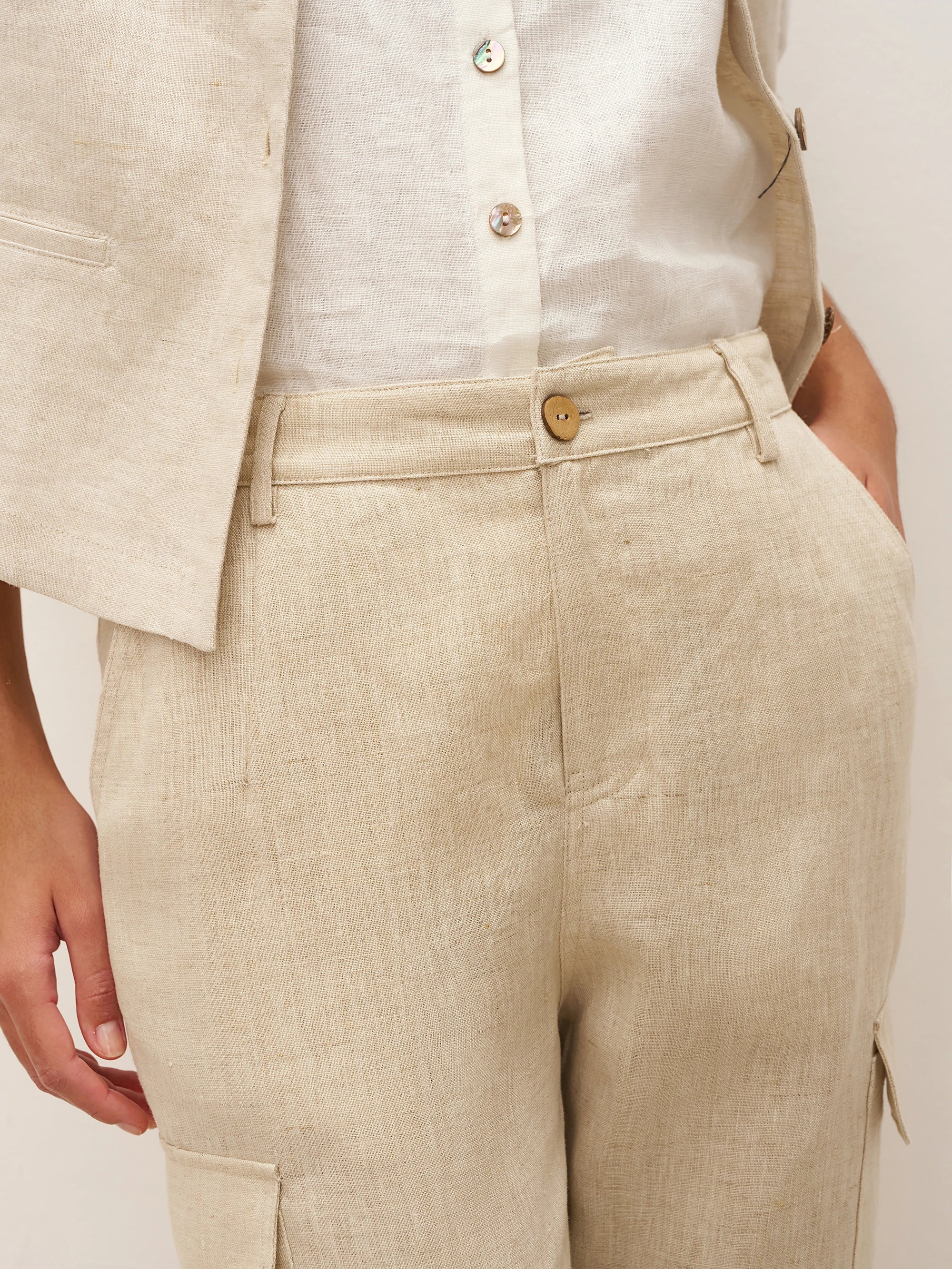 100% Linen Cargo Tapered Trousers with Patch Pockets JESSE