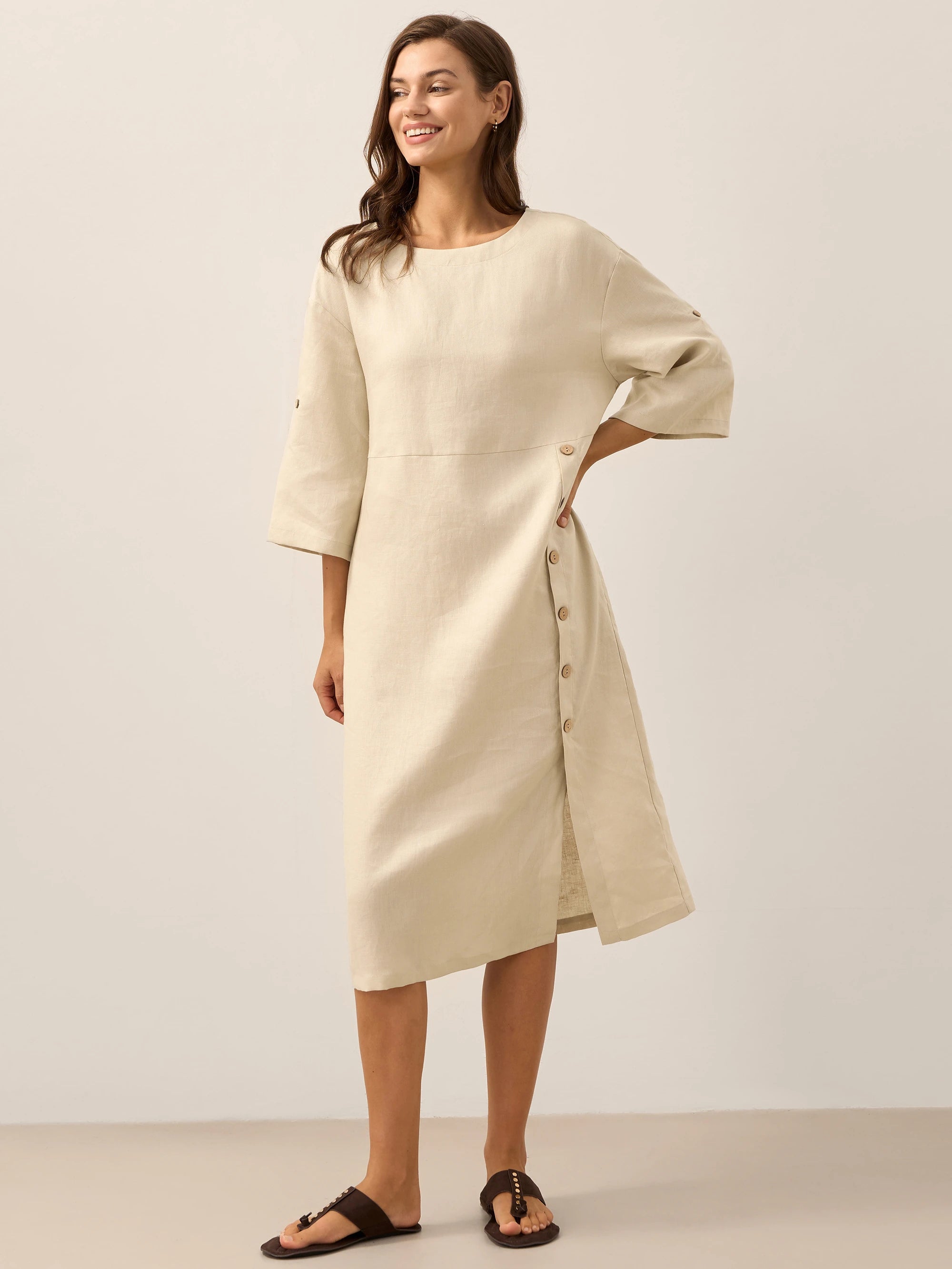 100% Linen Round Neck Button Detail Midi Dress JELENA