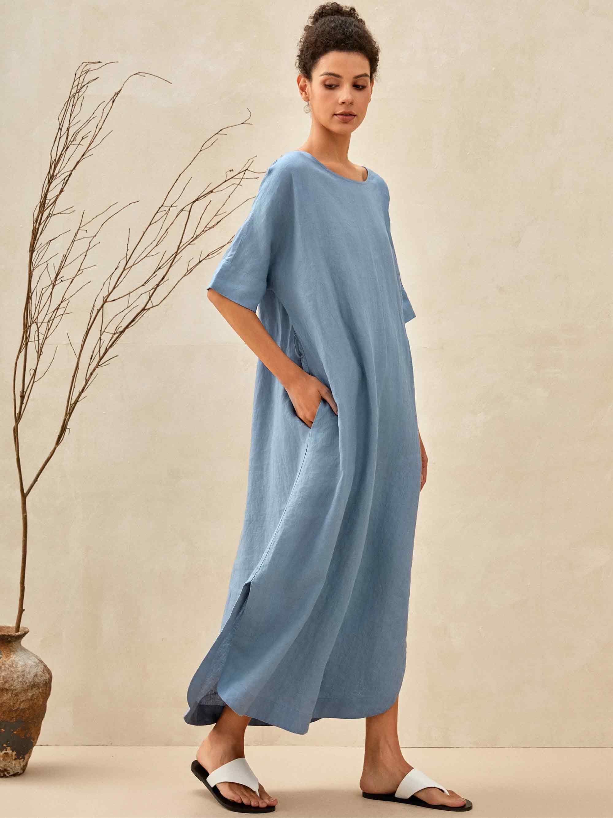 100% Linen Loose Fit Kimono Maxi Dress MADDIE