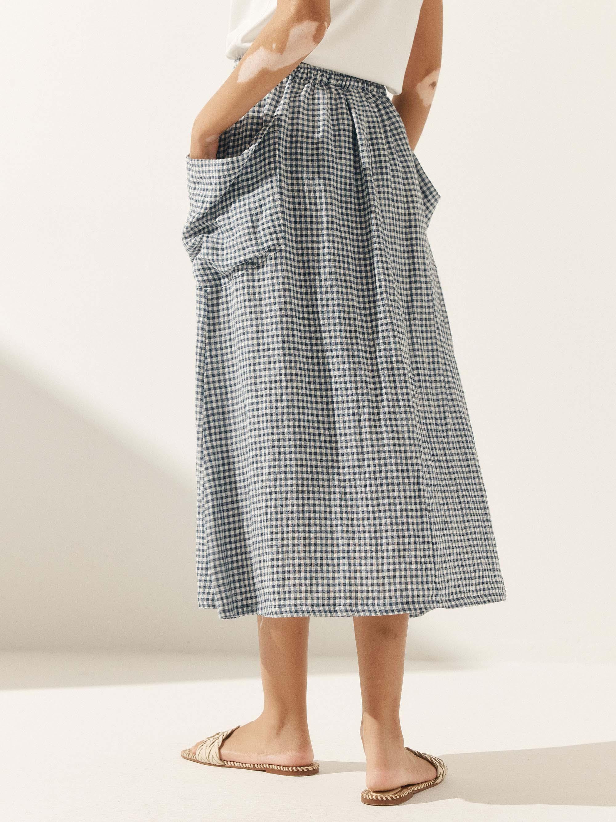 Linen Checked Elastic Waist Skirt ONYX