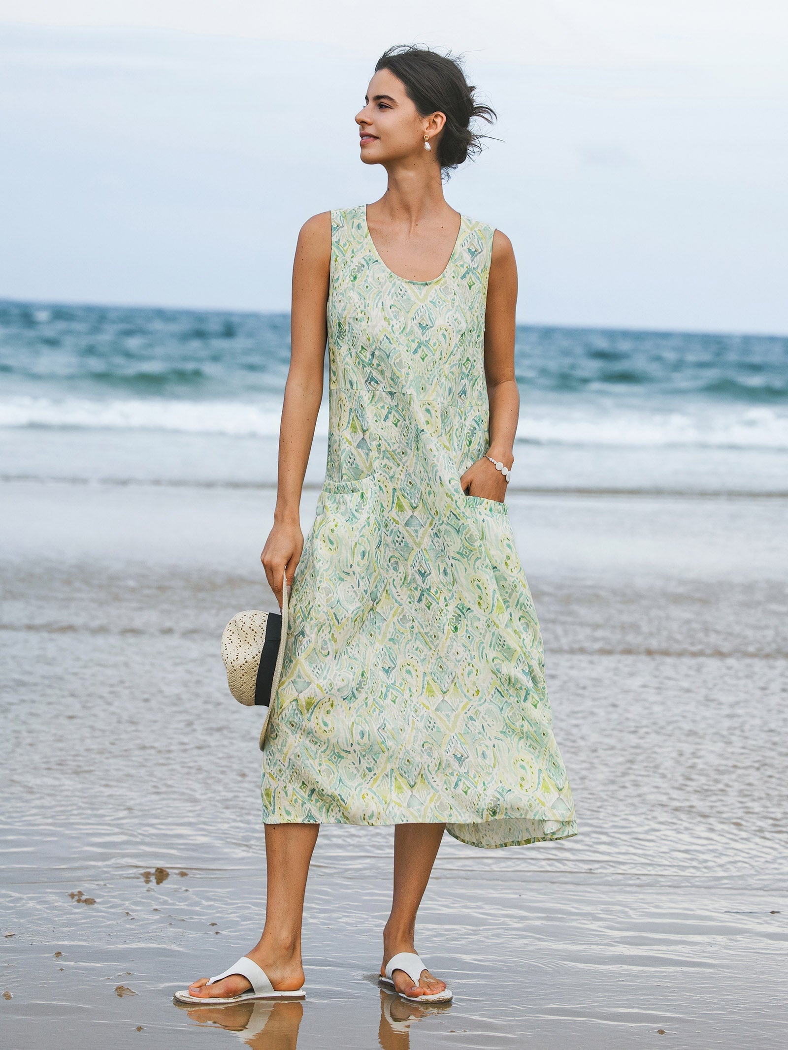 100% Linen Floral Swing Beach Tank Dress LORRAINE